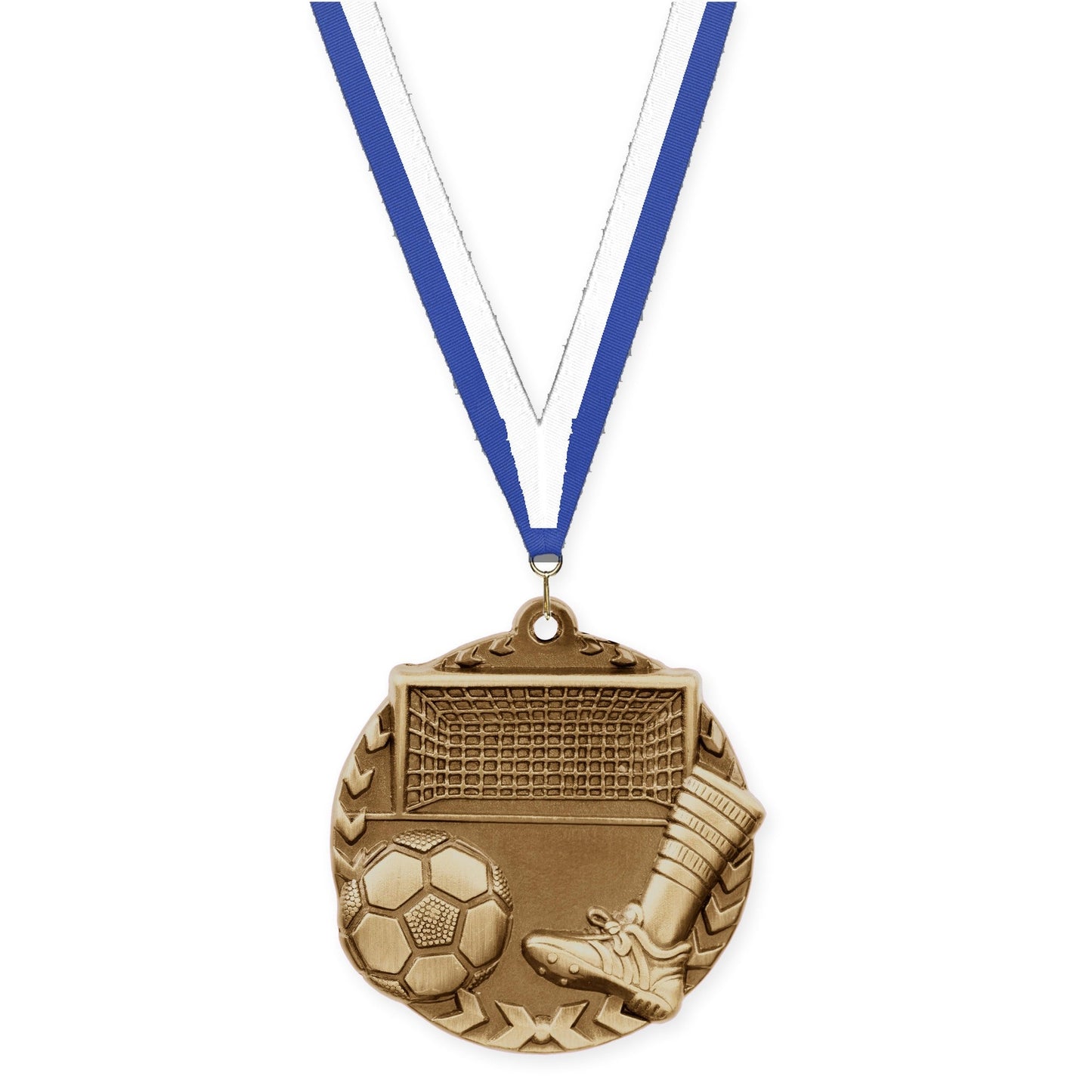 1 3/4 inch soccer Millennium medal in antique gold with Blue White neck ribbon