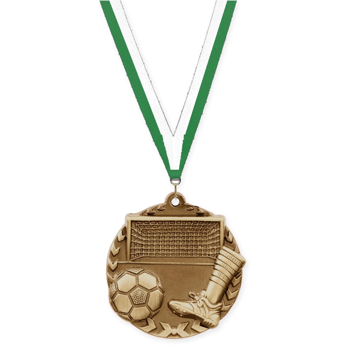 1 3/4 inch soccer Millennium medal in antique gold with Green White neck ribbon