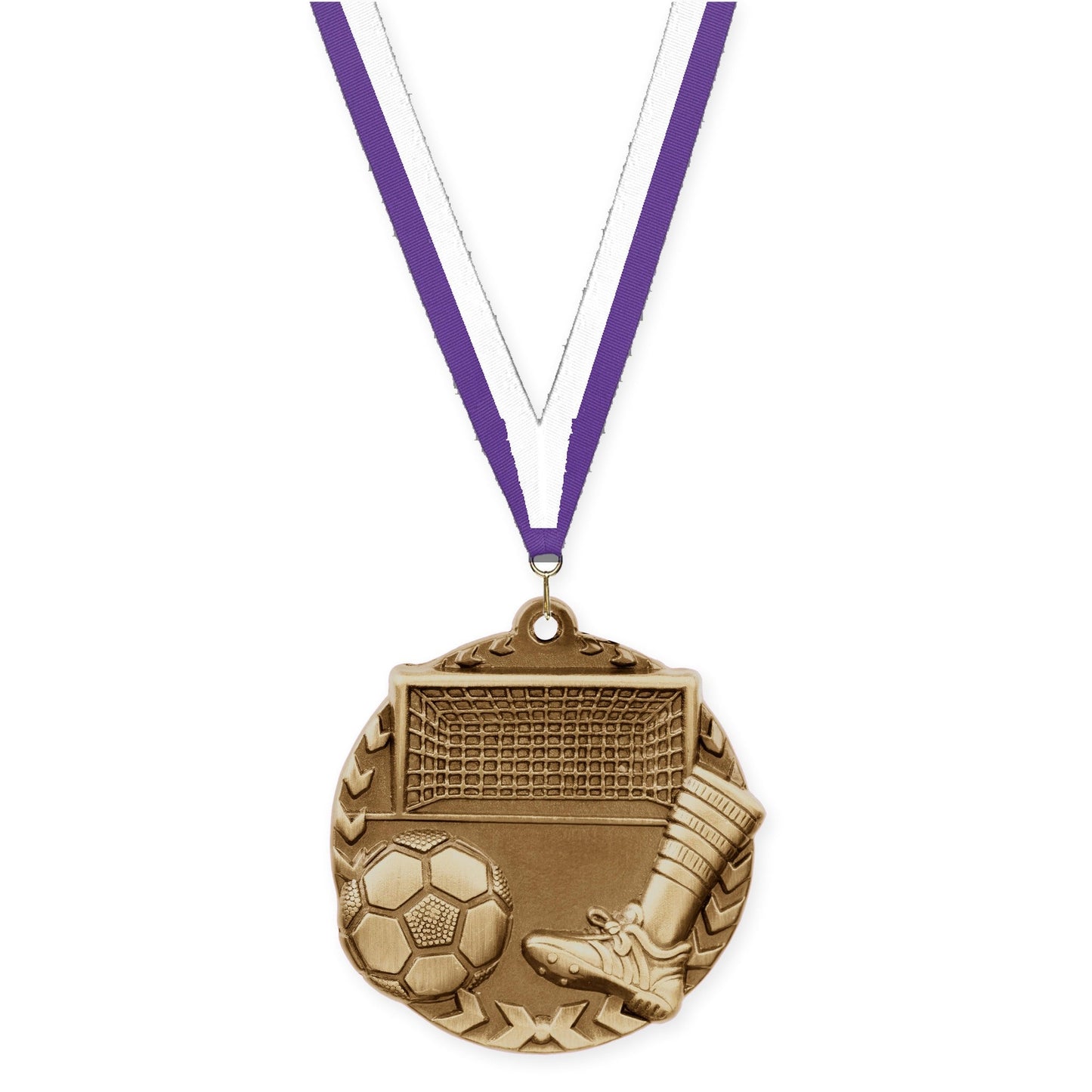 1 3/4 inch soccer Millennium medal in antique gold with Purple White neck ribbon