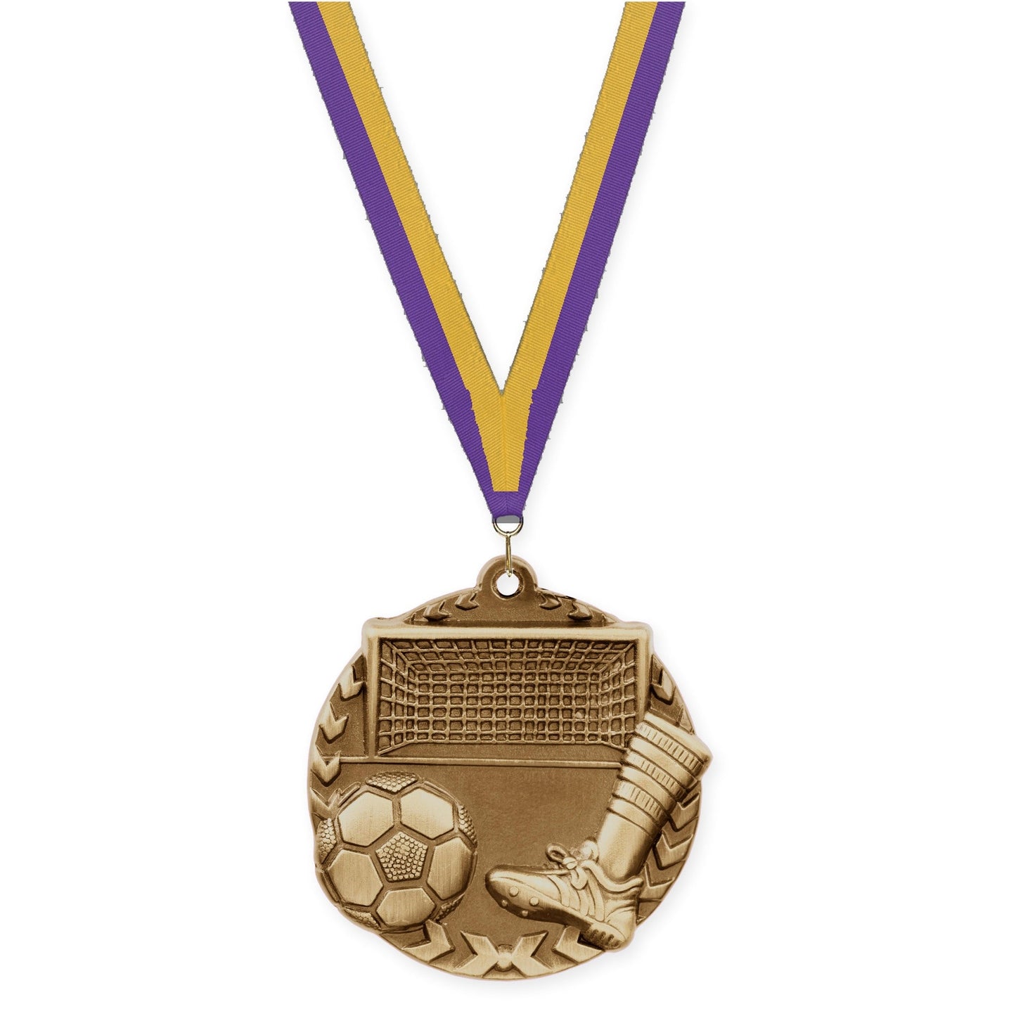 1 3/4 inch soccer Millennium medal in antique gold with Purple Gold neck ribbon