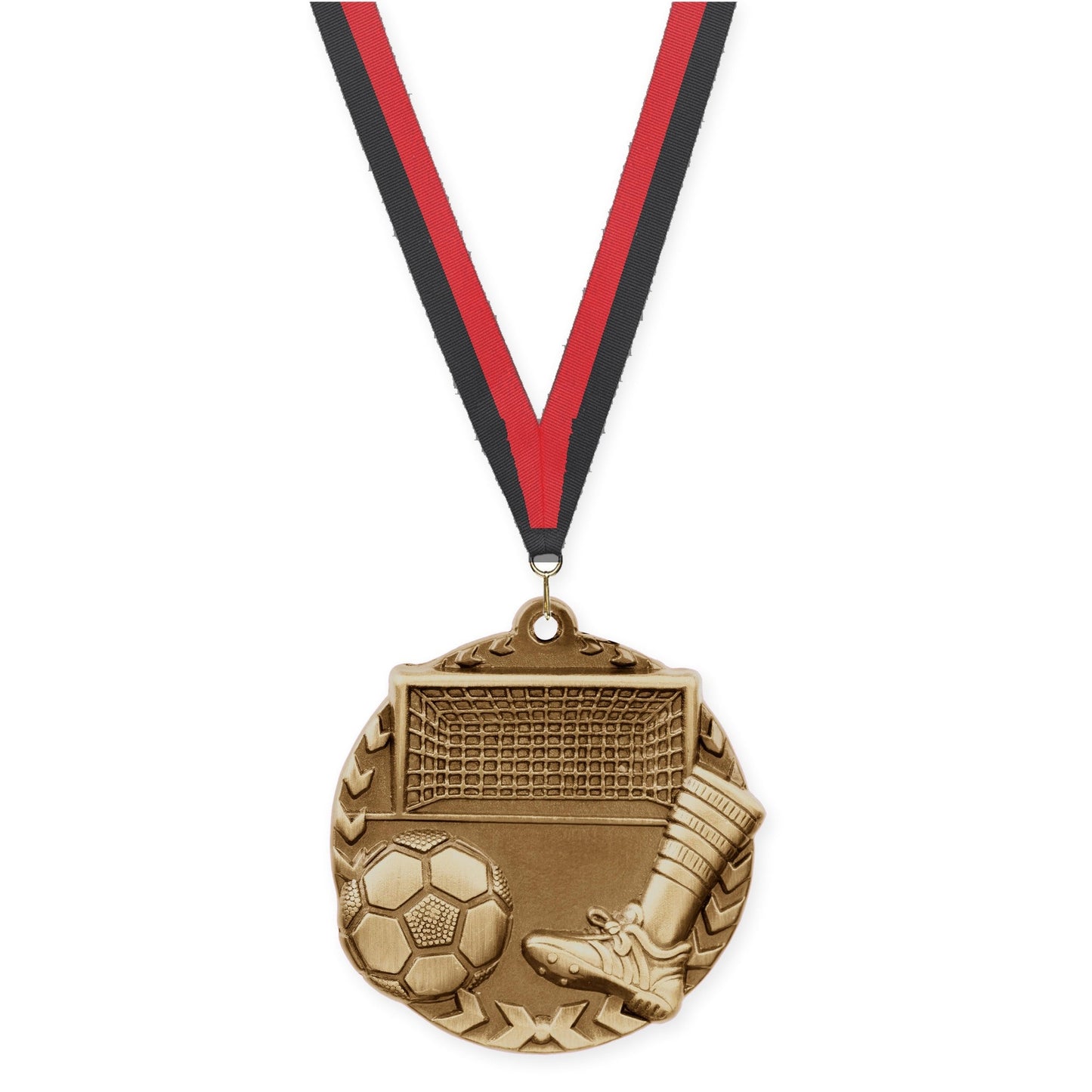 1 3/4 inch soccer Millennium medal in antique gold with Black Red neck ribbon
