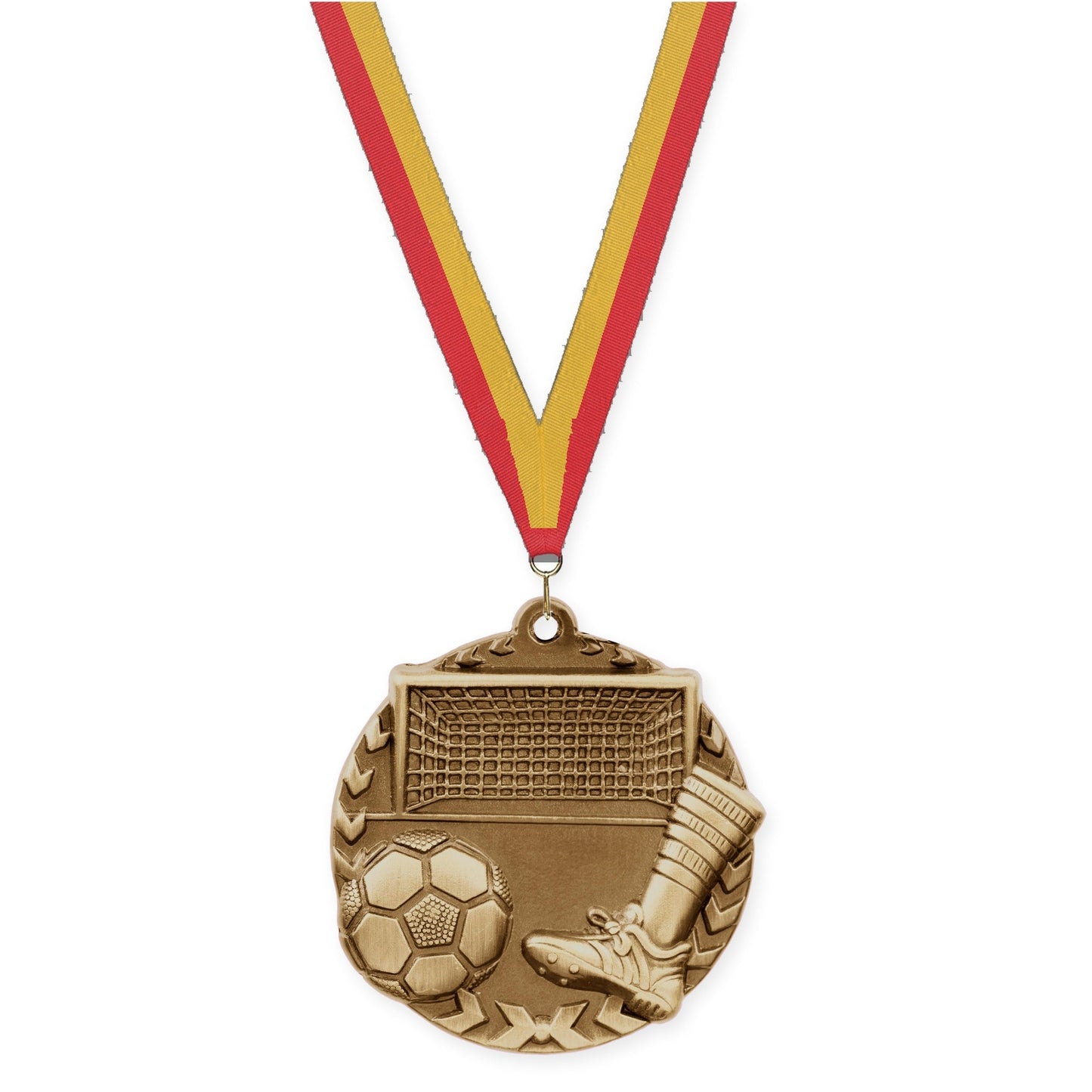 1 3/4 inch soccer Millennium medal in antique gold with Red Gold neck ribbon