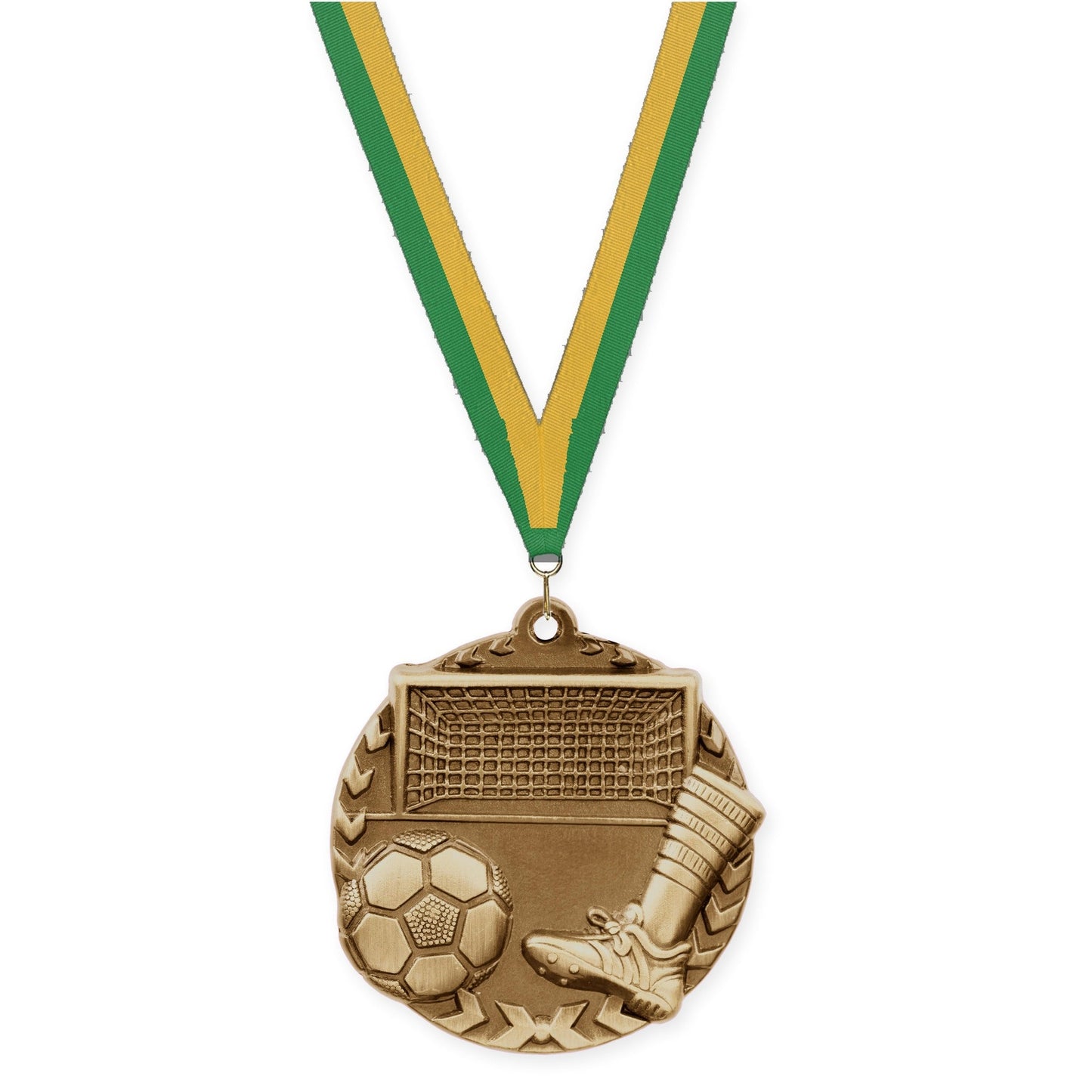 1 3/4 inch soccer Millennium medal in antique gold with Green Gold neck ribbon