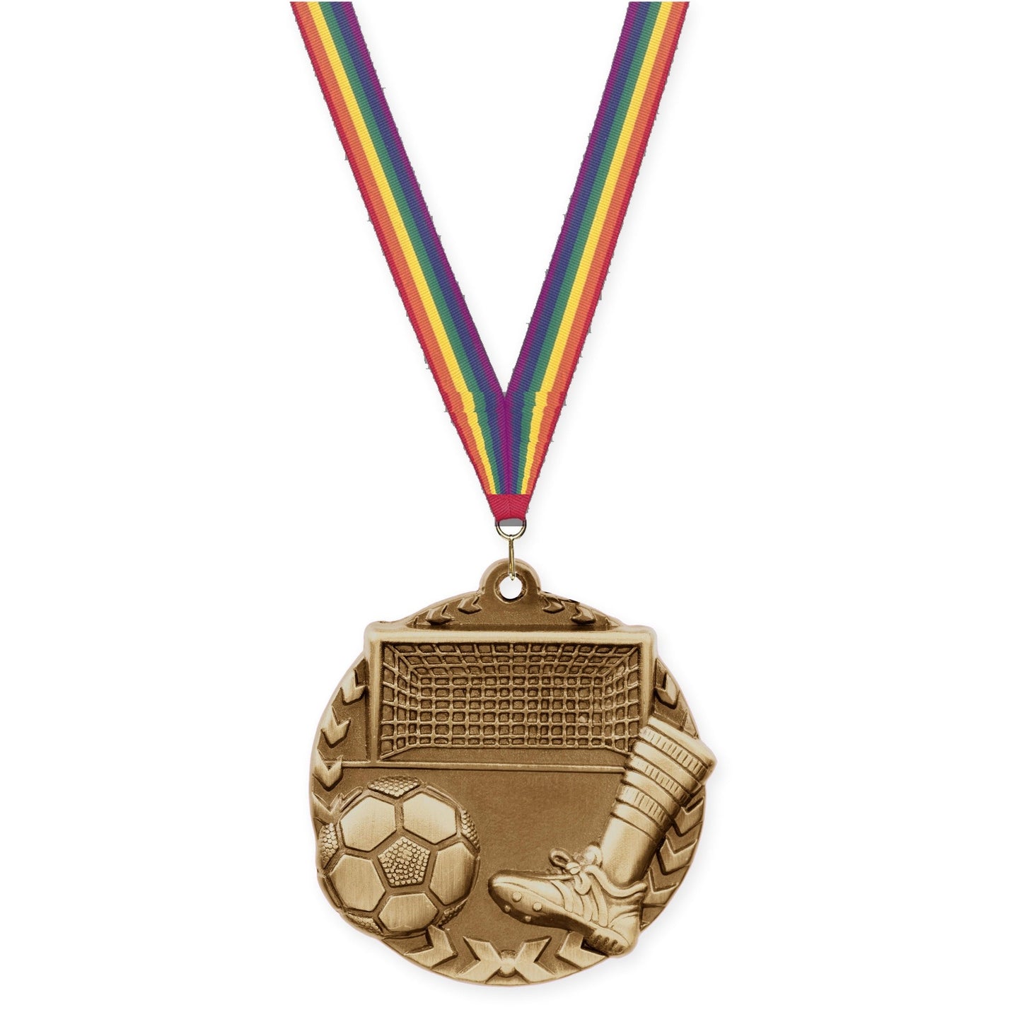 1 3/4 inch soccer Millennium medal in antique gold with Rainbow neck ribbon