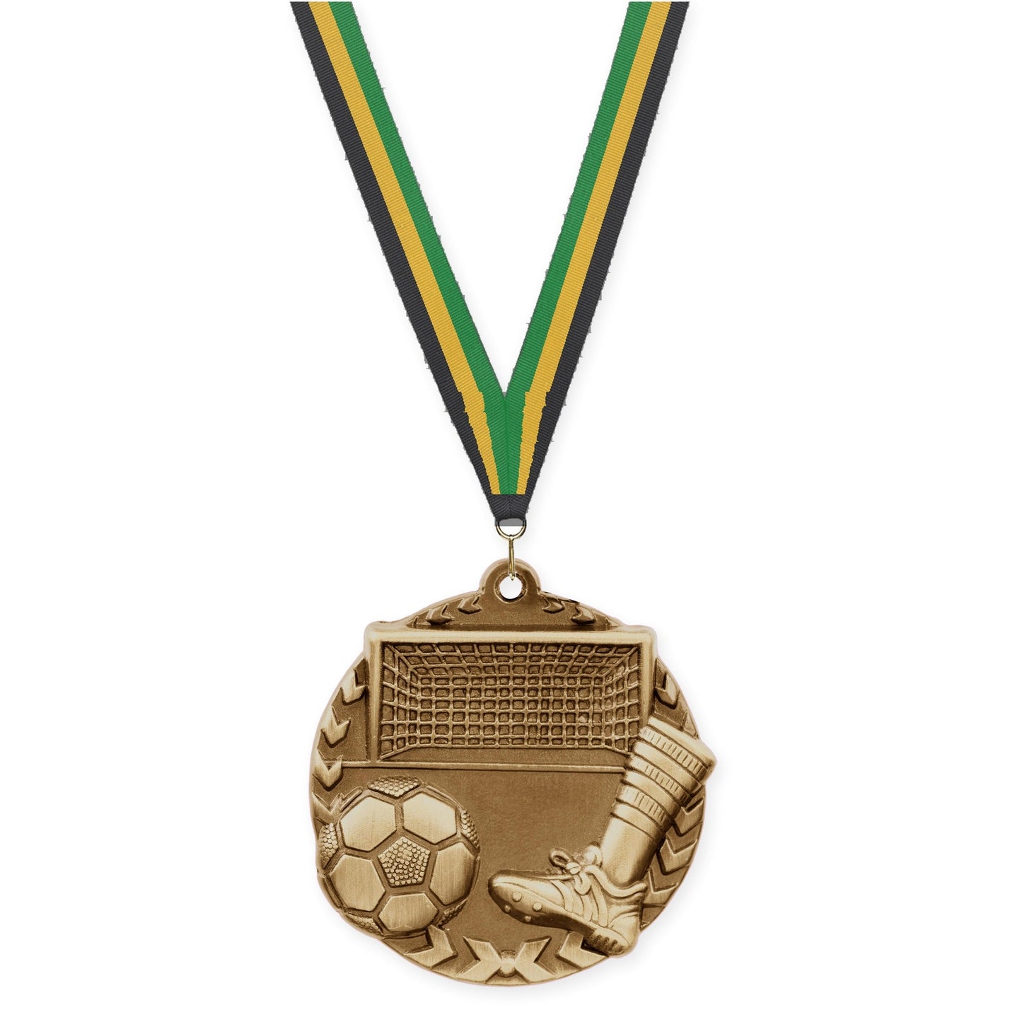 1 3/4 inch soccer Millennium medal in antique gold with Black Gold Green neck ribbon