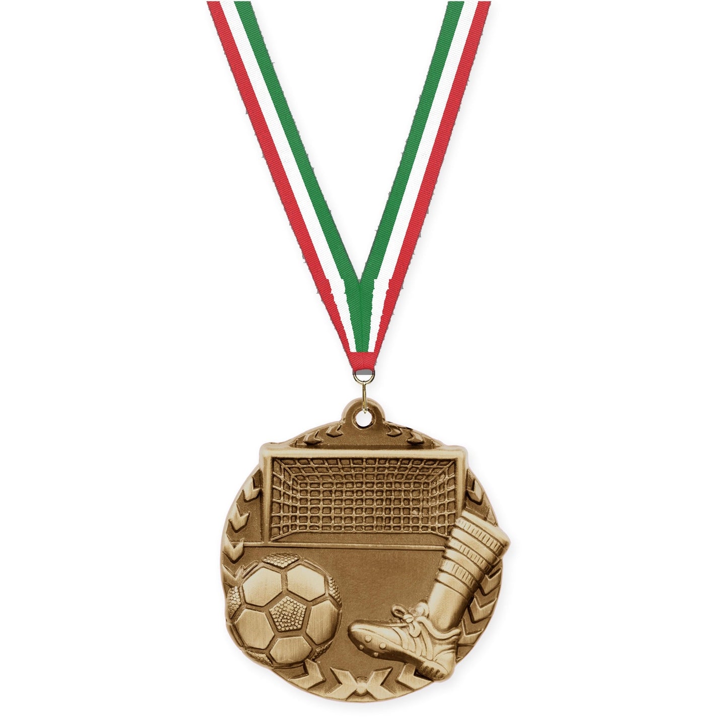 1 3/4 inch soccer Millennium medal in antique gold with Red White Green neck ribbon