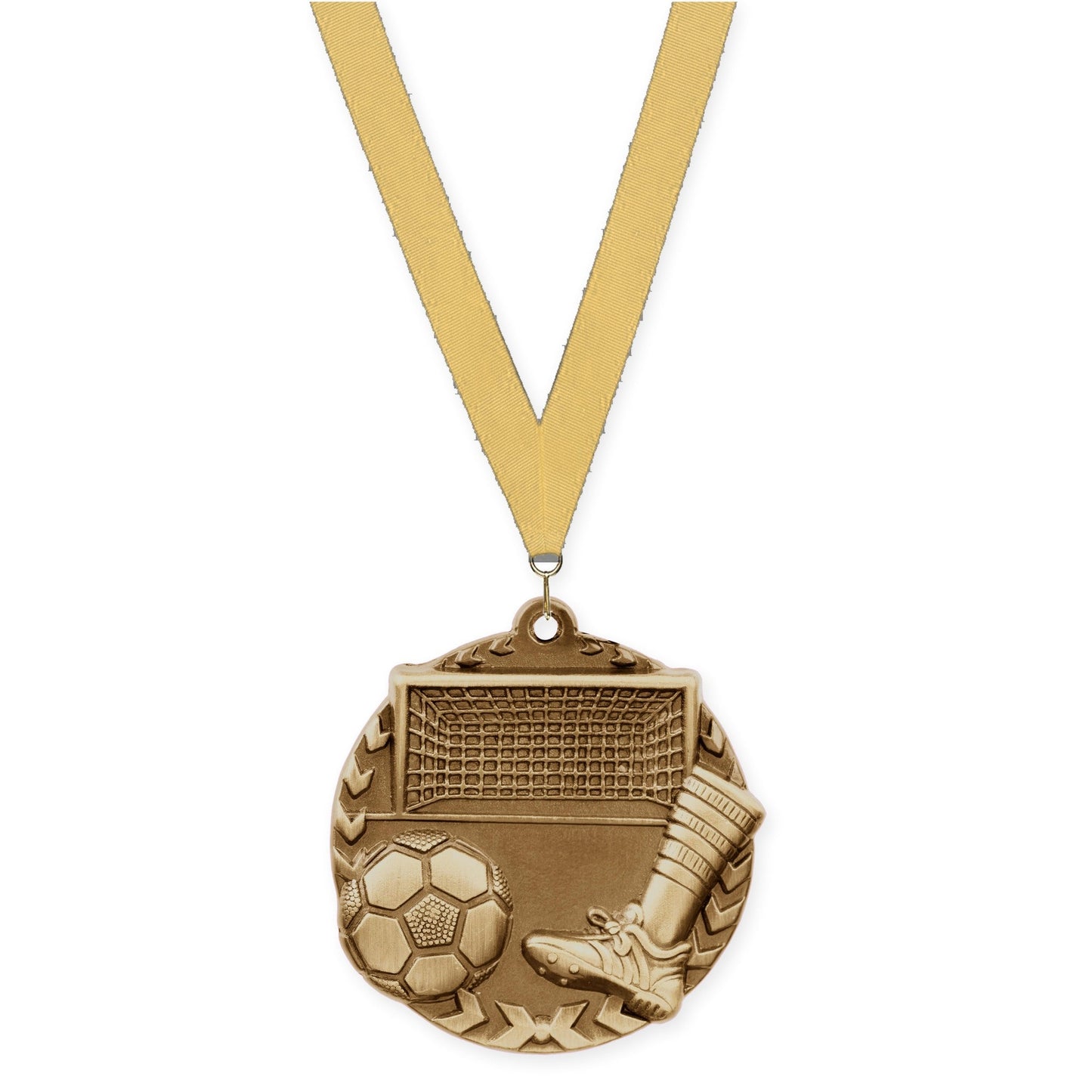 1 3/4 inch soccer Millennium medal in antique gold with Gold Metallic neck ribbon