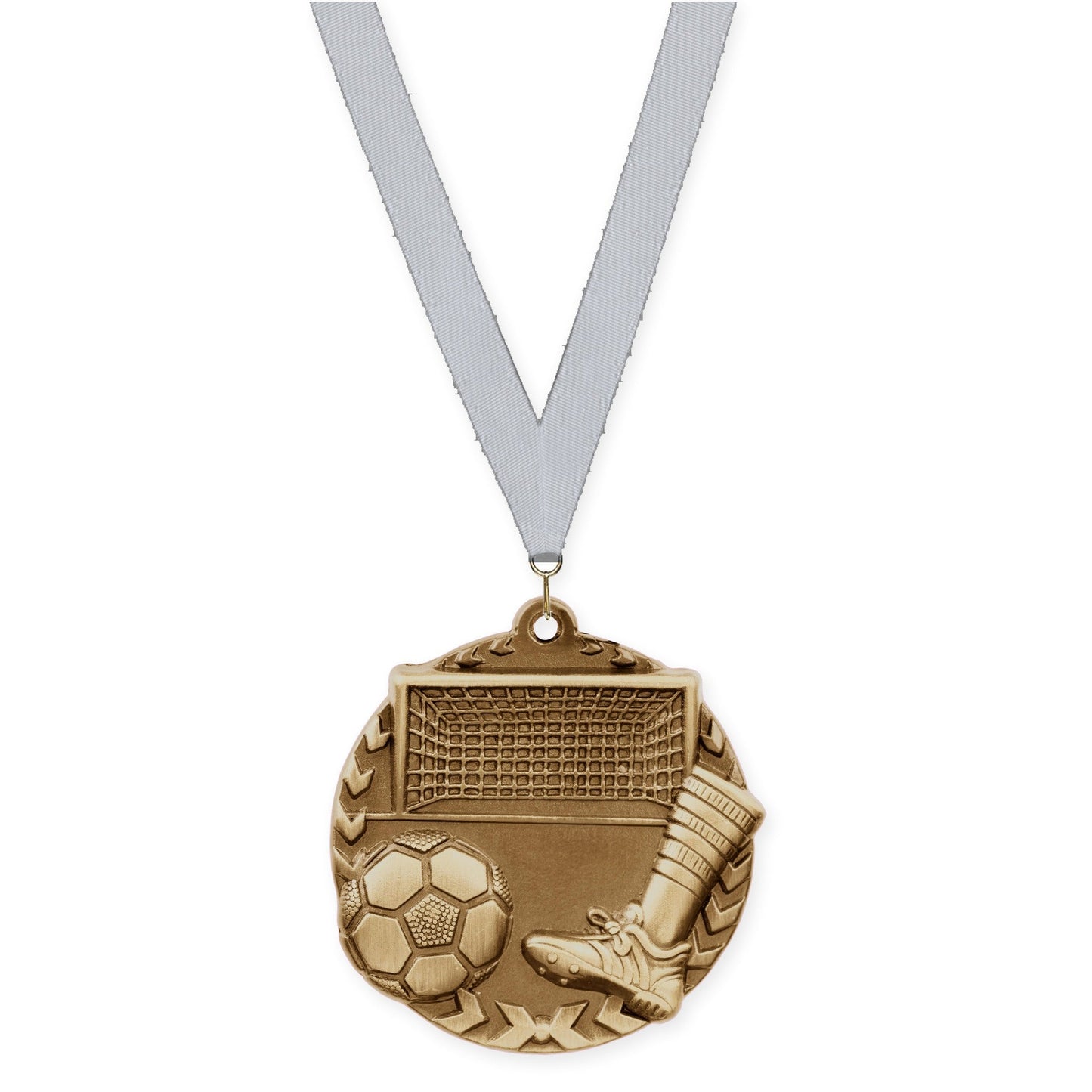 1 3/4 inch soccer Millennium medal in antique gold with Silver Metallic neck ribbon