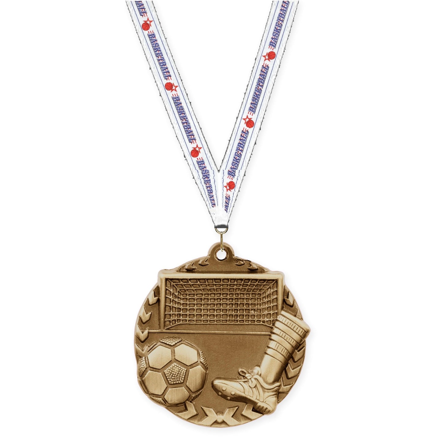 1 3/4 inch soccer Millennium medal in antique gold with Basketball neck ribbon