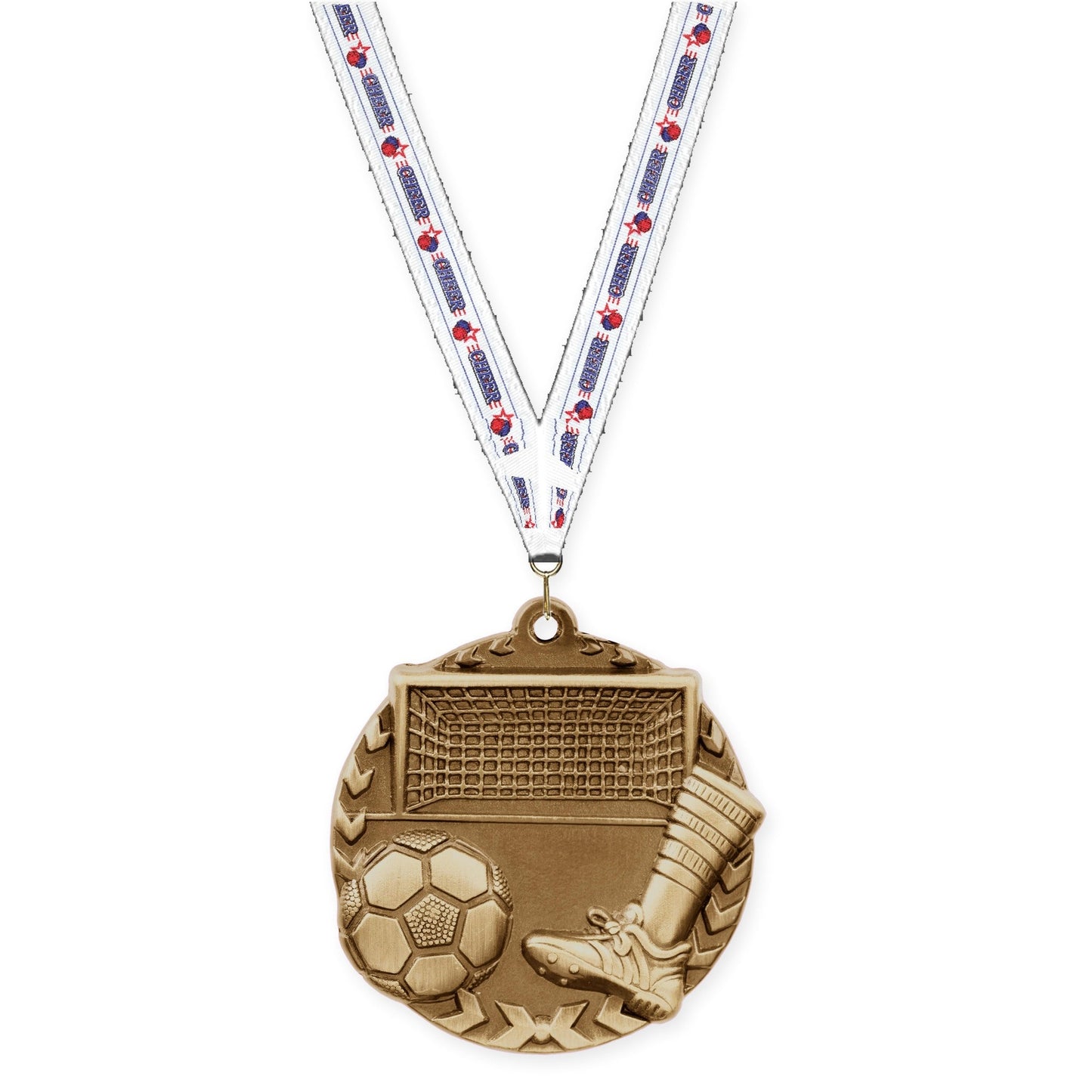 1 3/4 inch soccer Millennium medal in antique gold with Cheerleading neck ribbon