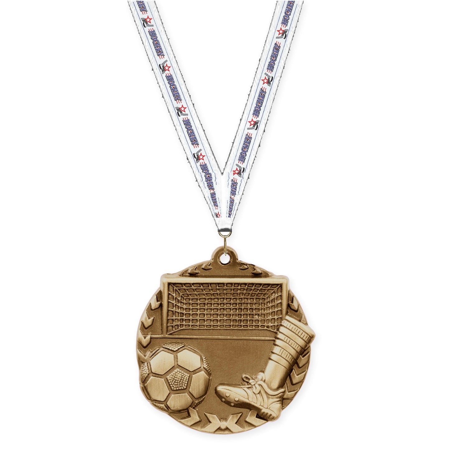 1 3/4 inch soccer Millennium medal in antique gold with Hockey neck ribbon