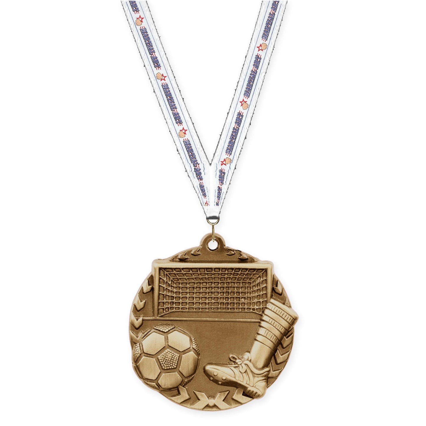 1 3/4 inch soccer Millennium medal in antique gold with Martial Arts neck ribbon