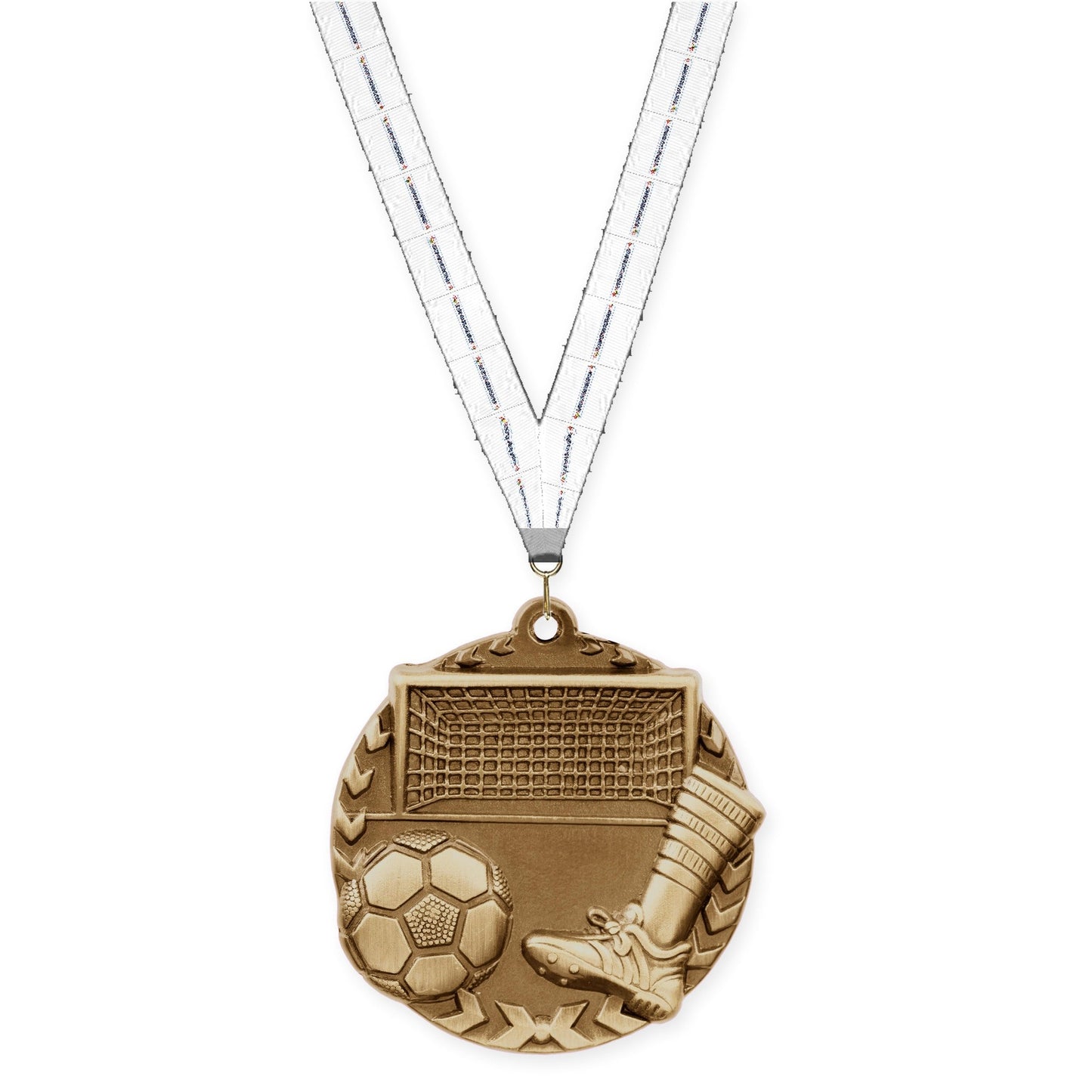 1 3/4 inch soccer Millennium medal in antique gold with Lamp Of Knowledge neck ribbon