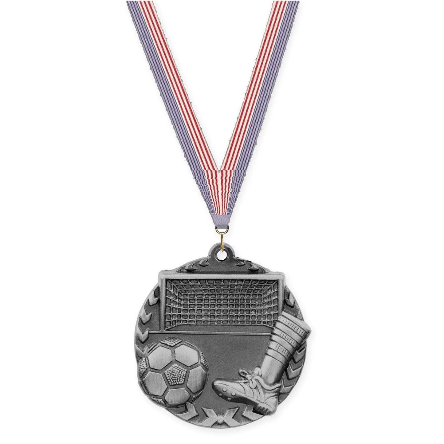 1 3/4 inch soccer Millennium medal in antique silver with USA Flag neck ribbon