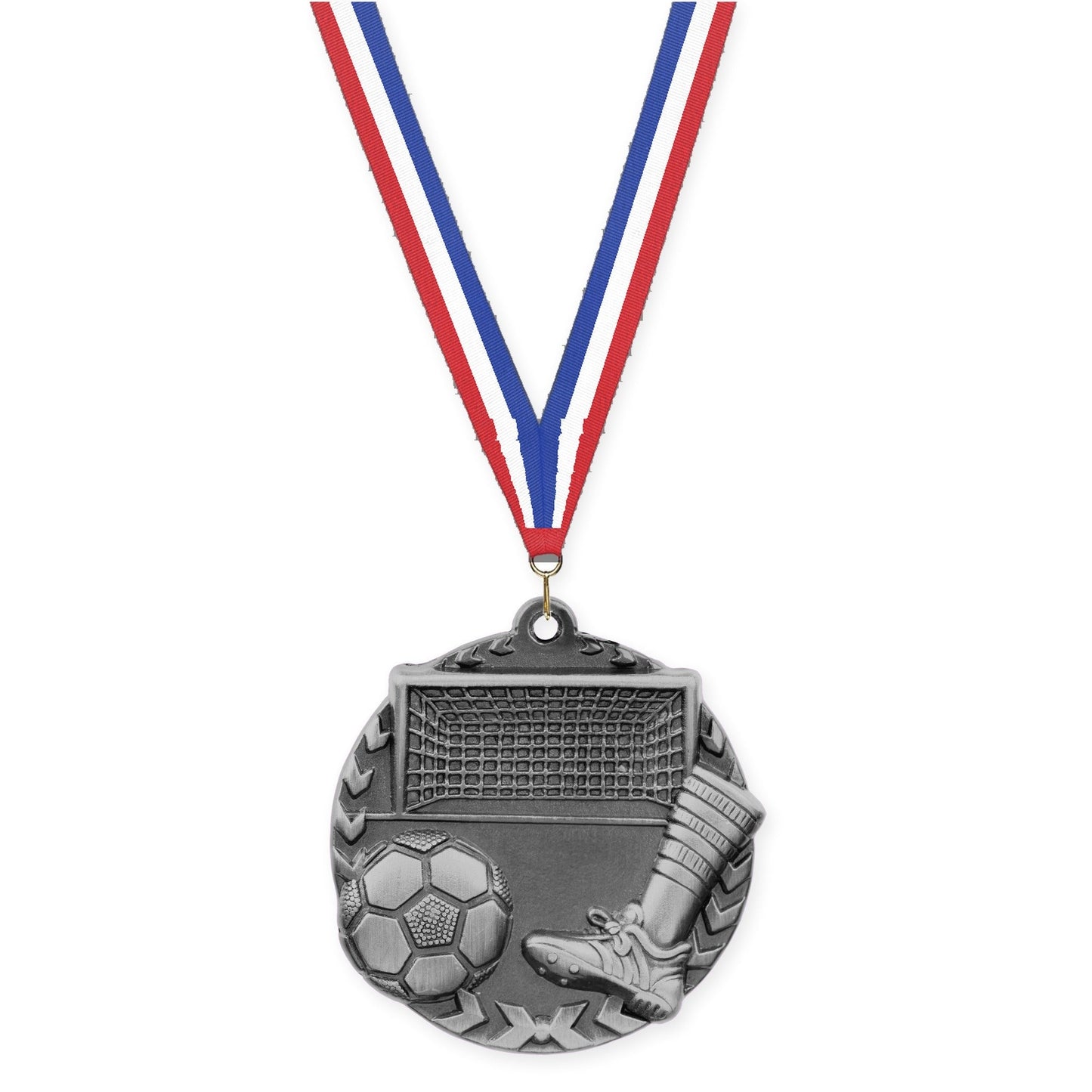 1 3/4 inch soccer Millennium medal in antique silver with Red White Blue neck ribbon