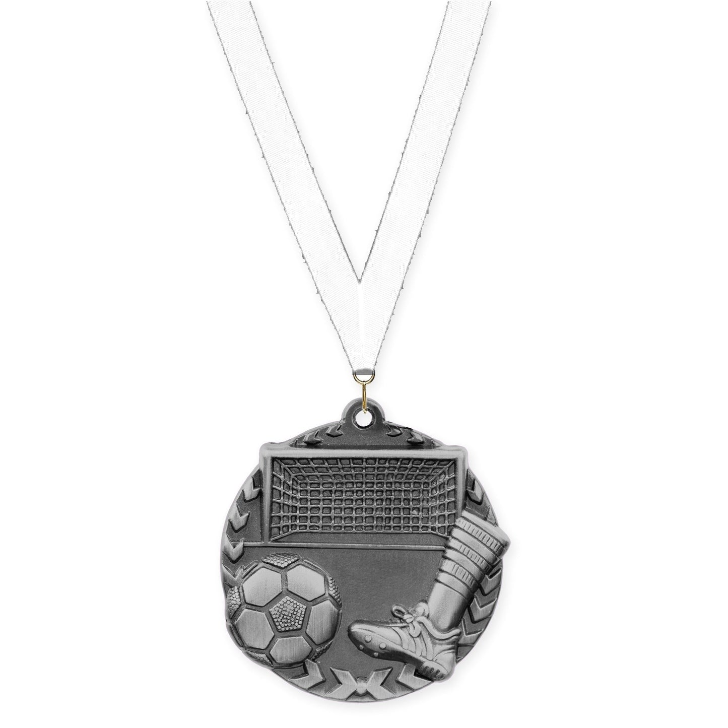 1 3/4 inch soccer Millennium medal in antique silver with White neck ribbon