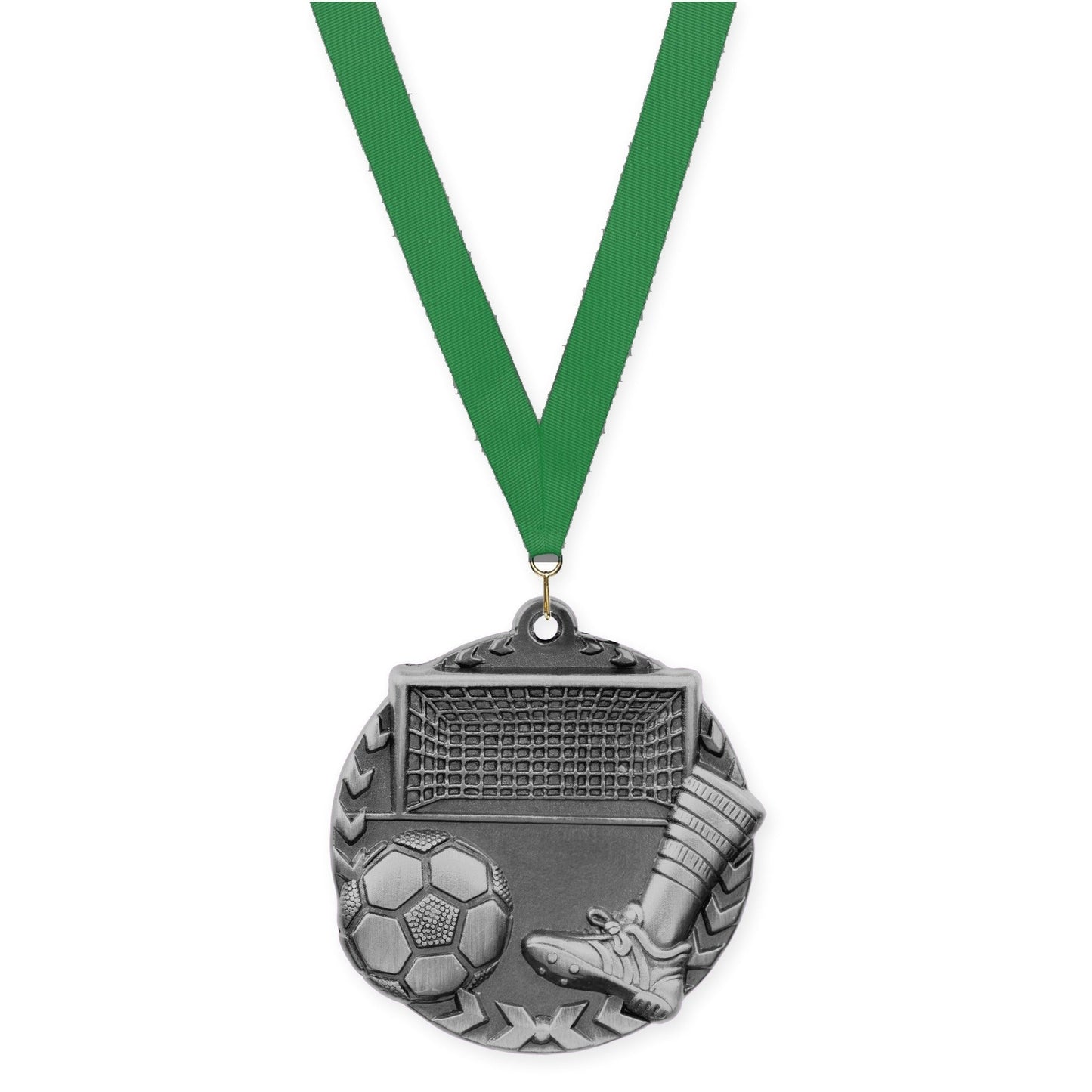 1 3/4 inch soccer Millennium medal in antique silver with Green neck ribbon