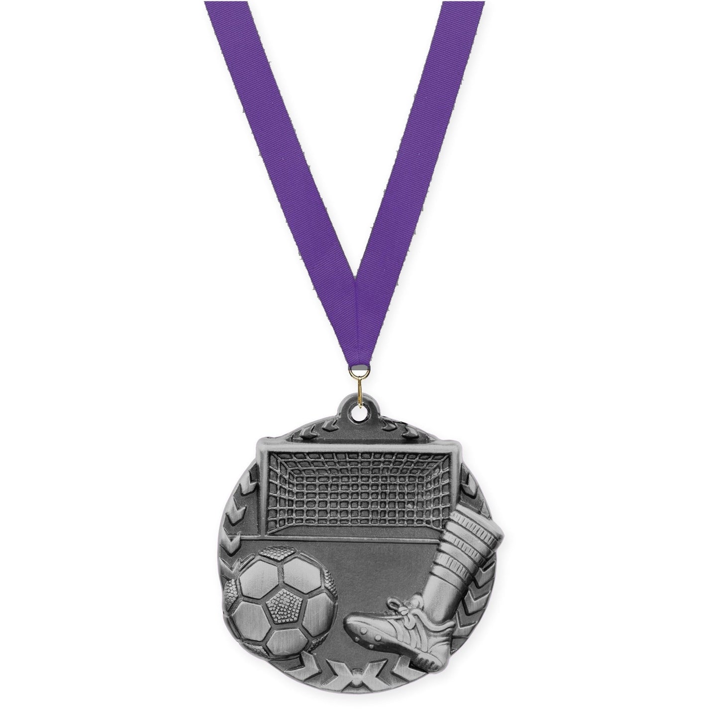 1 3/4 inch soccer Millennium medal in antique silver with Purple neck ribbon