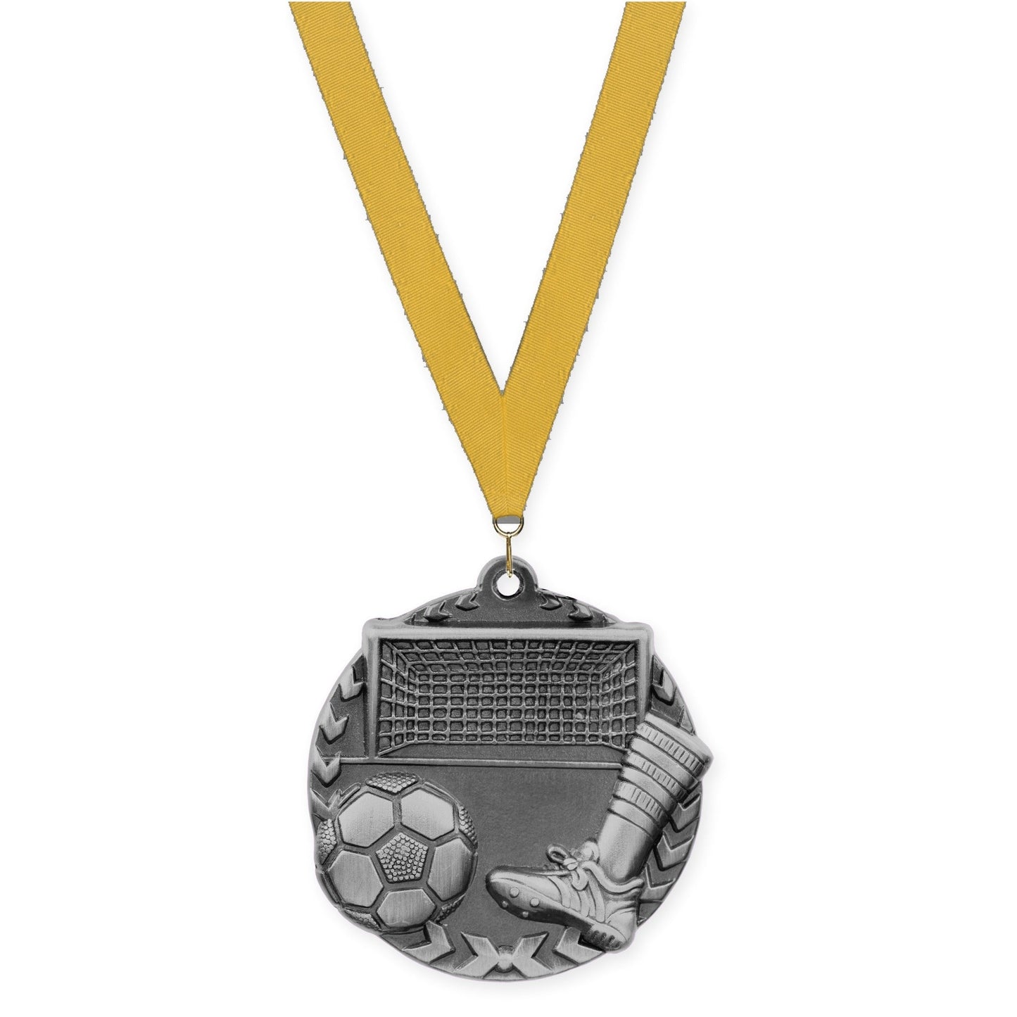 1 3/4 inch soccer Millennium medal in antique silver with Gold neck ribbon