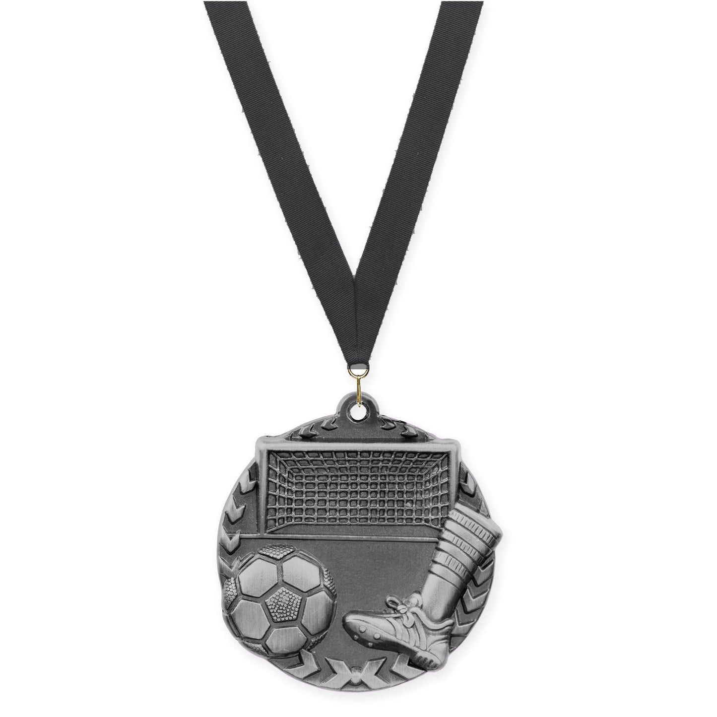 1 3/4 inch soccer Millennium medal in antique silver with Black neck ribbon