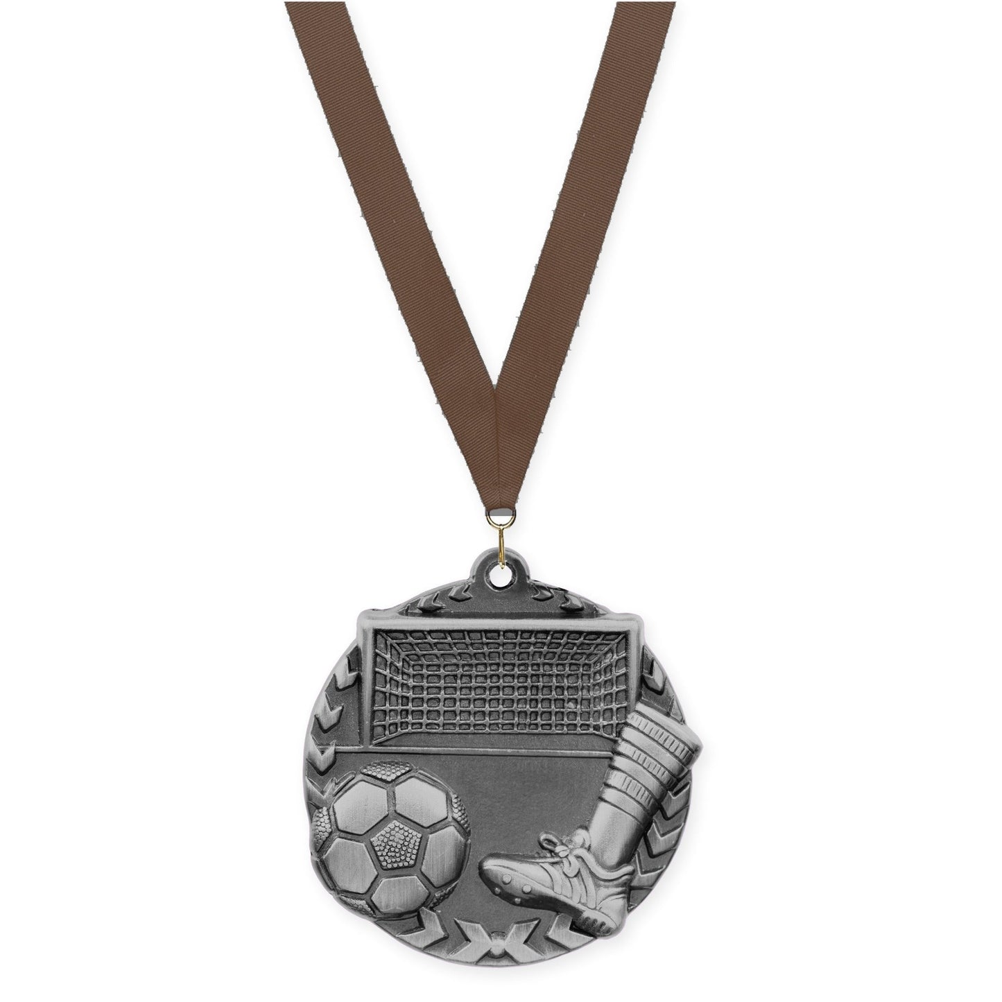 1 3/4 inch soccer Millennium medal in antique silver with Brown neck ribbon
