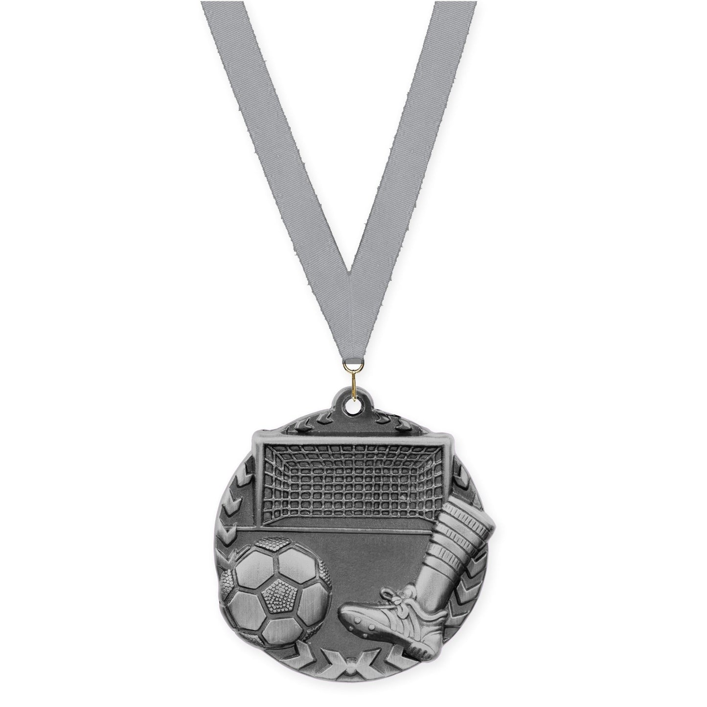1 3/4 inch soccer Millennium medal in antique silver with Gray neck ribbon