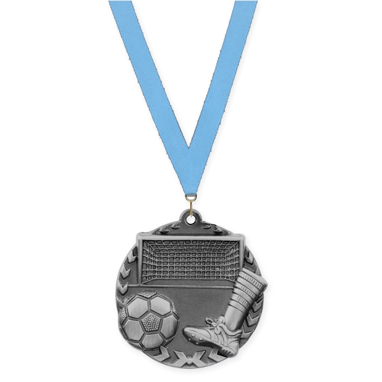 1 3/4 inch soccer Millennium medal in antique silver with Light Blue neck ribbon