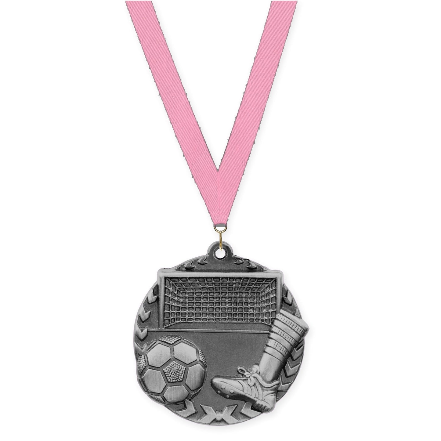1 3/4 inch soccer Millennium medal in antique silver with Pink neck ribbon