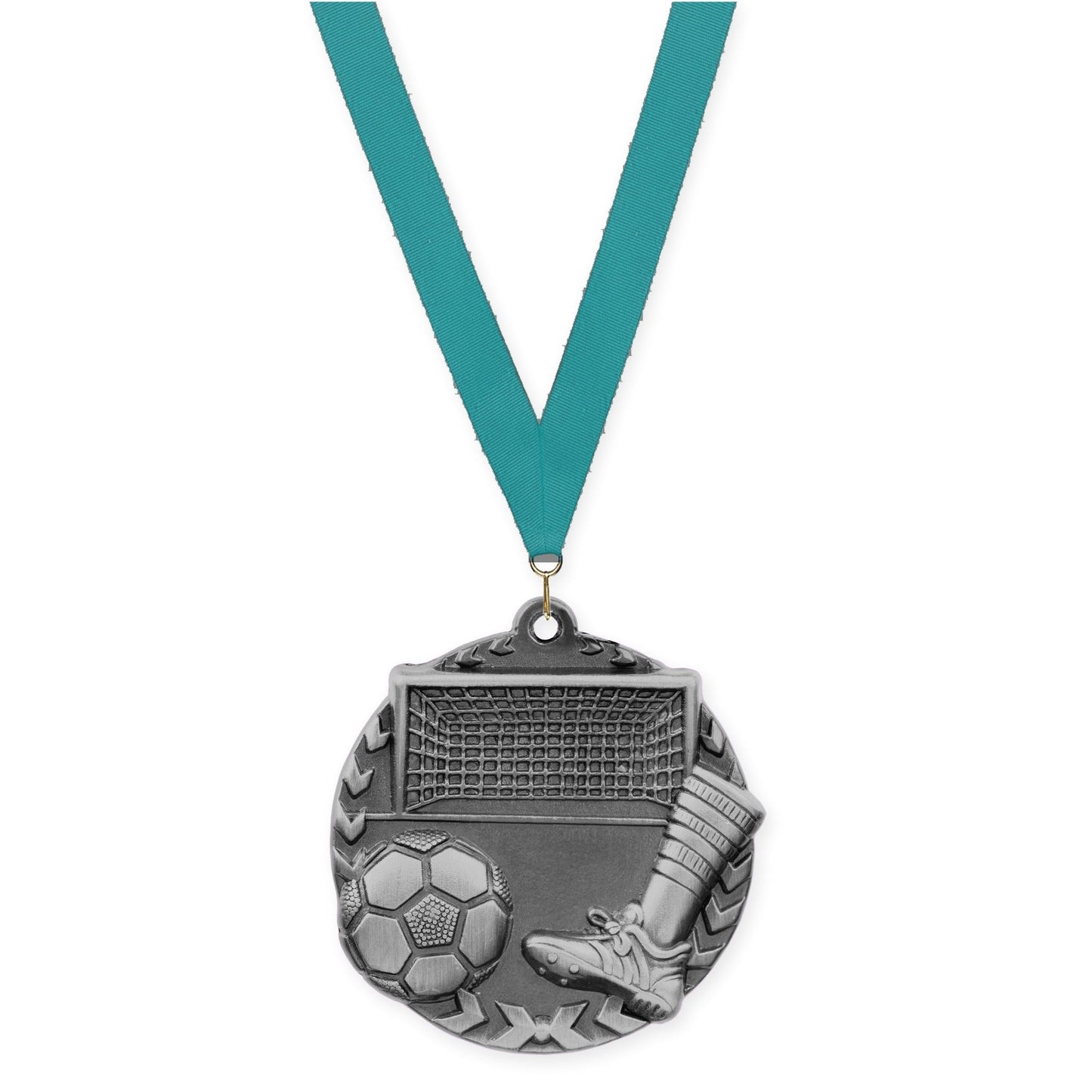 1 3/4 inch soccer Millennium medal in antique silver with Teal neck ribbon