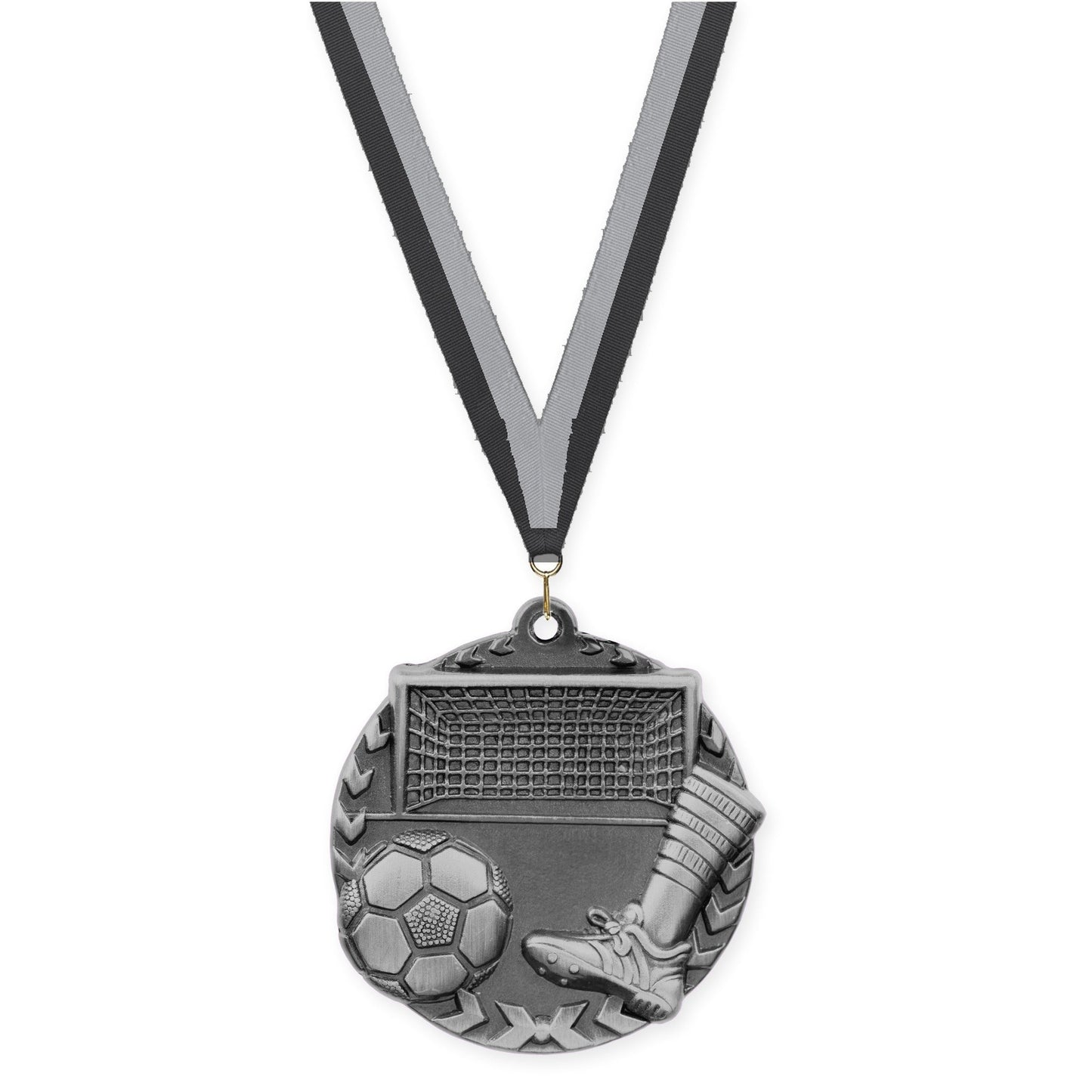1 3/4 inch soccer Millennium medal in antique silver with Black Gray neck ribbon