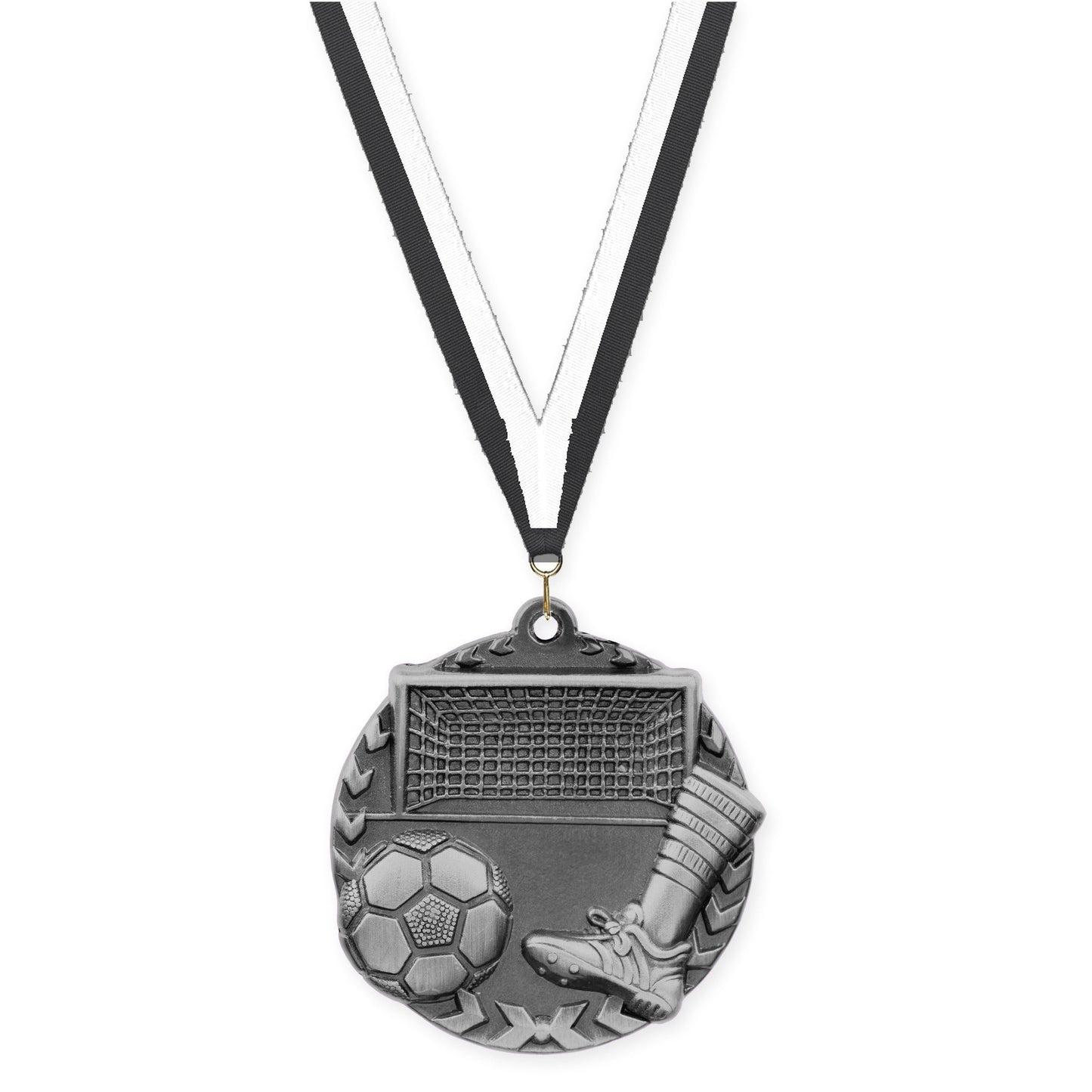 1 3/4 inch soccer Millennium medal in antique silver with Black White neck ribbon