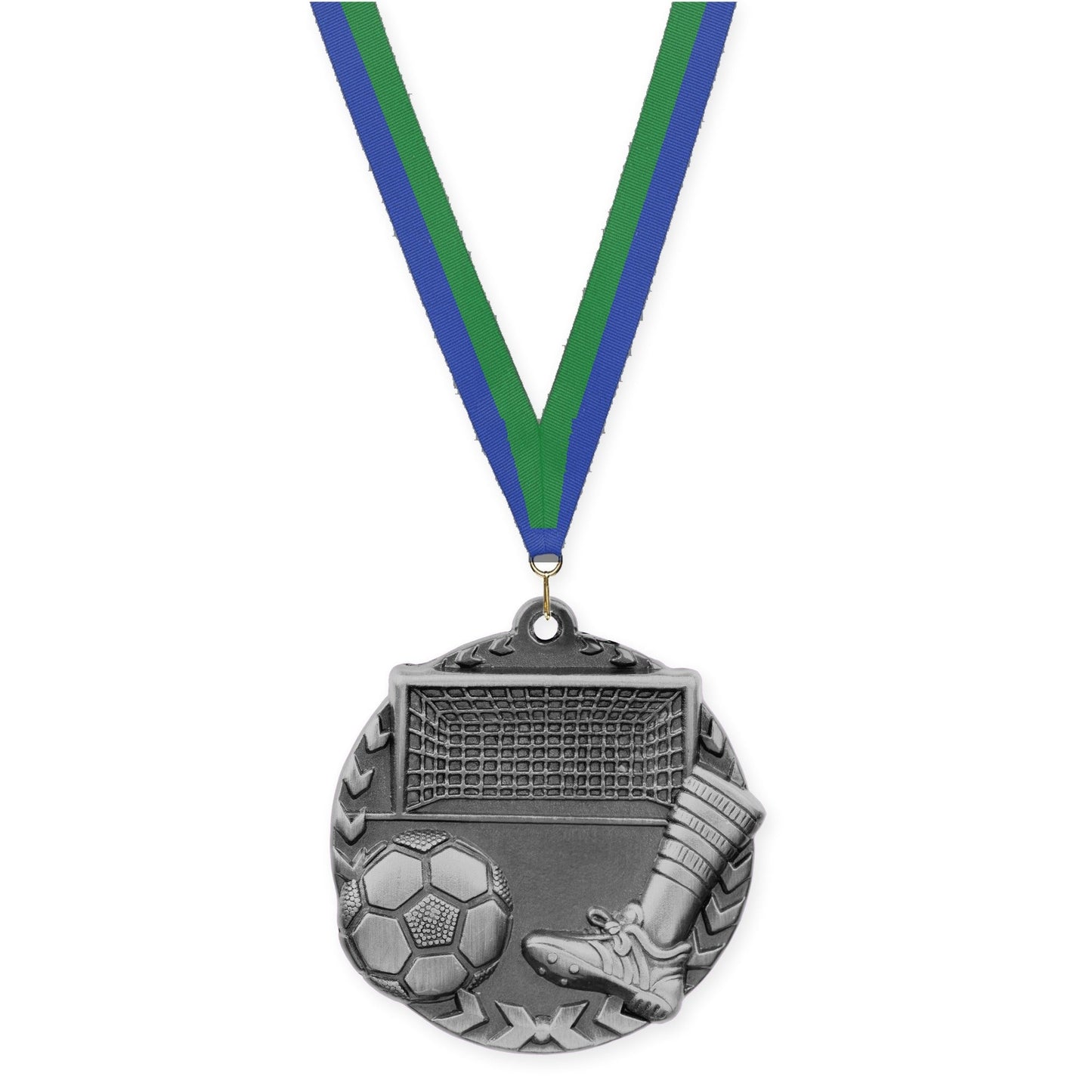 1 3/4 inch soccer Millennium medal in antique silver with Blue Green neck ribbon