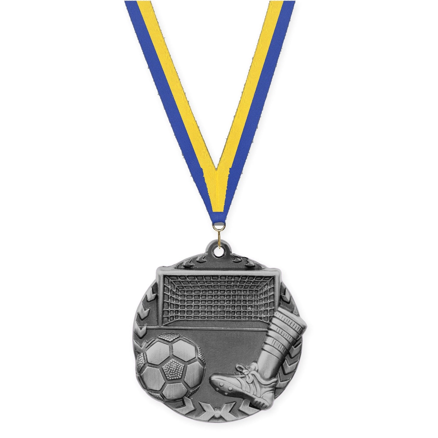 1 3/4 inch soccer Millennium medal in antique silver with Blue Yellow neck ribbon
