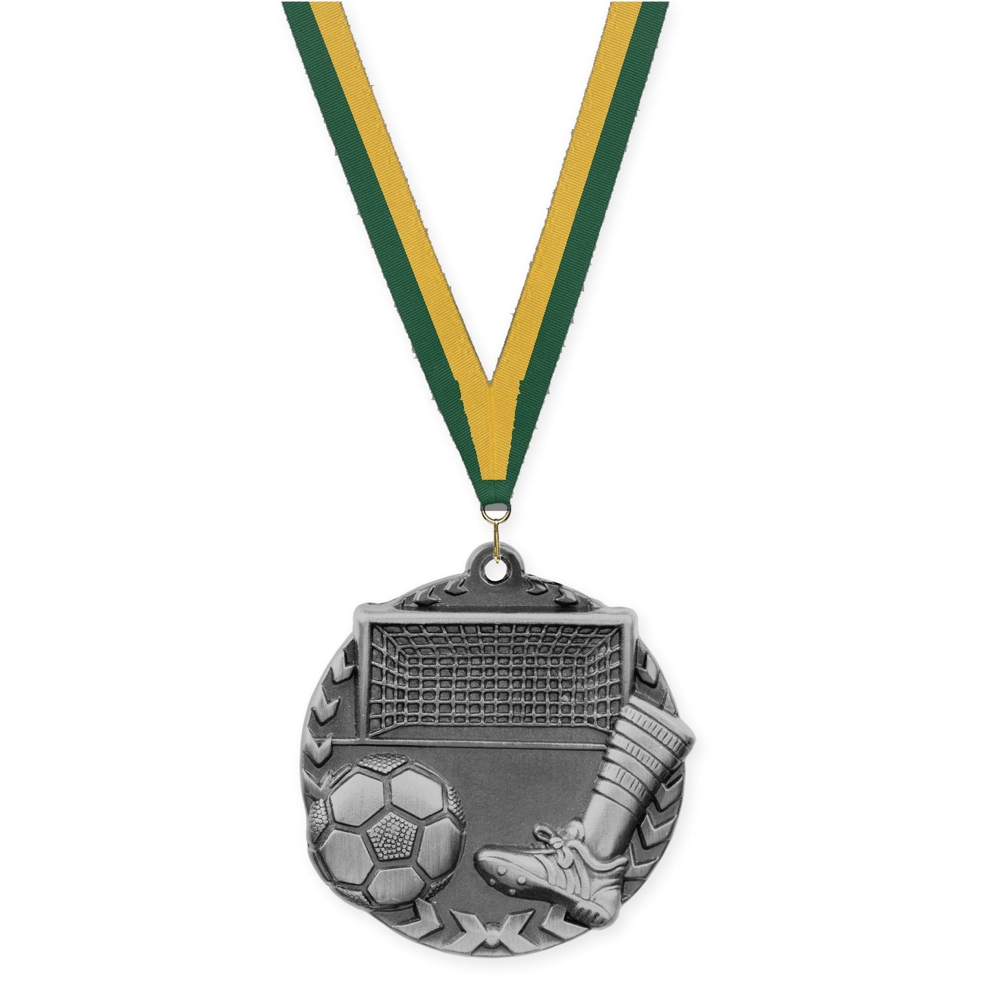 1 3/4 inch soccer Millennium medal in antique silver with Hunter Green Gold neck ribbon