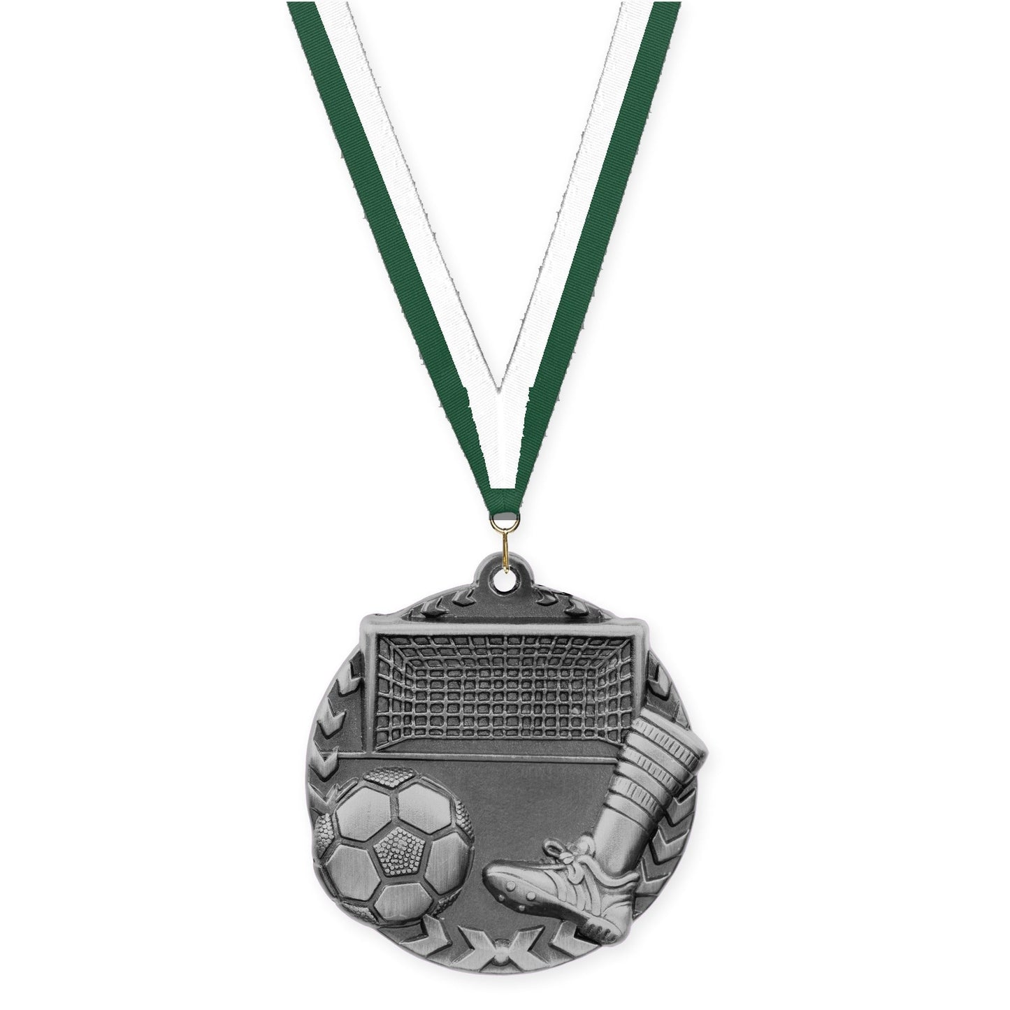 1 3/4 inch soccer Millennium medal in antique silver with Hunter Green White neck ribbon