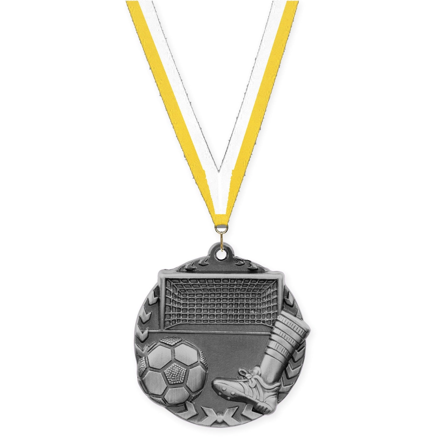 1 3/4 inch soccer Millennium medal in antique silver with Yellow White neck ribbon