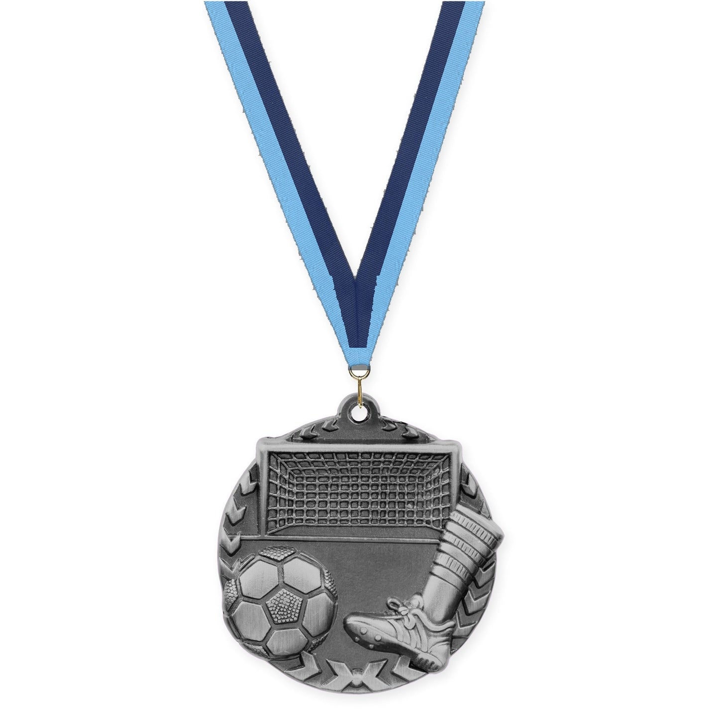 1 3/4 inch soccer Millennium medal in antique silver with Light Blue Navy neck ribbon