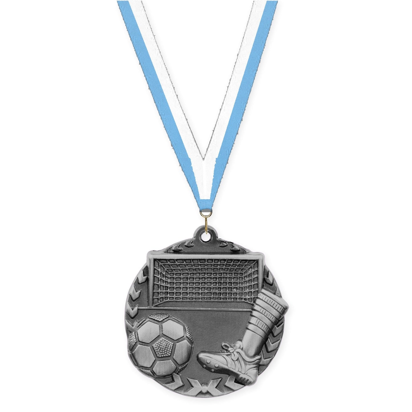 1 3/4 inch soccer Millennium medal in antique silver with Light Blue White neck ribbon