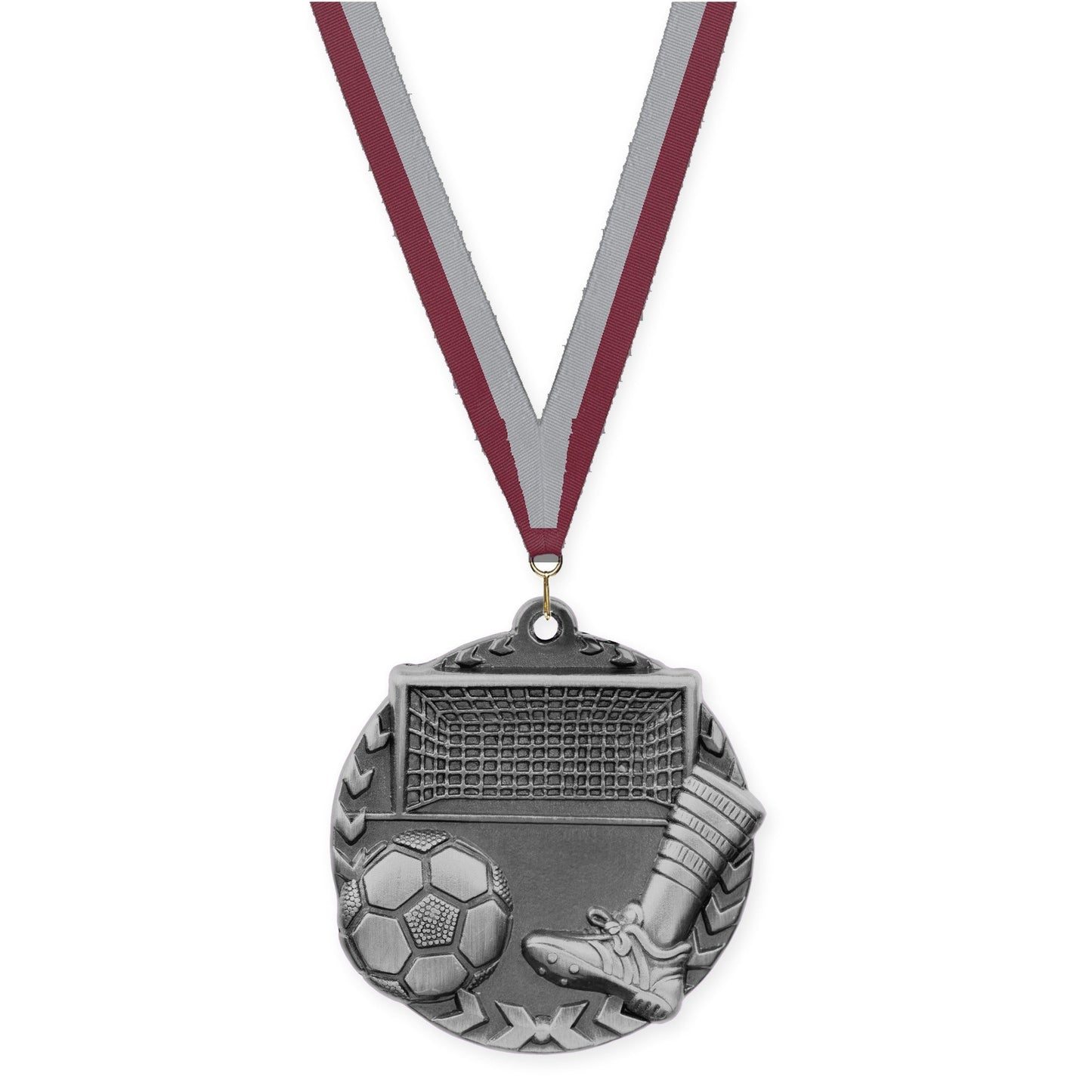 1 3/4 inch soccer Millennium medal in antique silver with Maroon Gray neck ribbon
