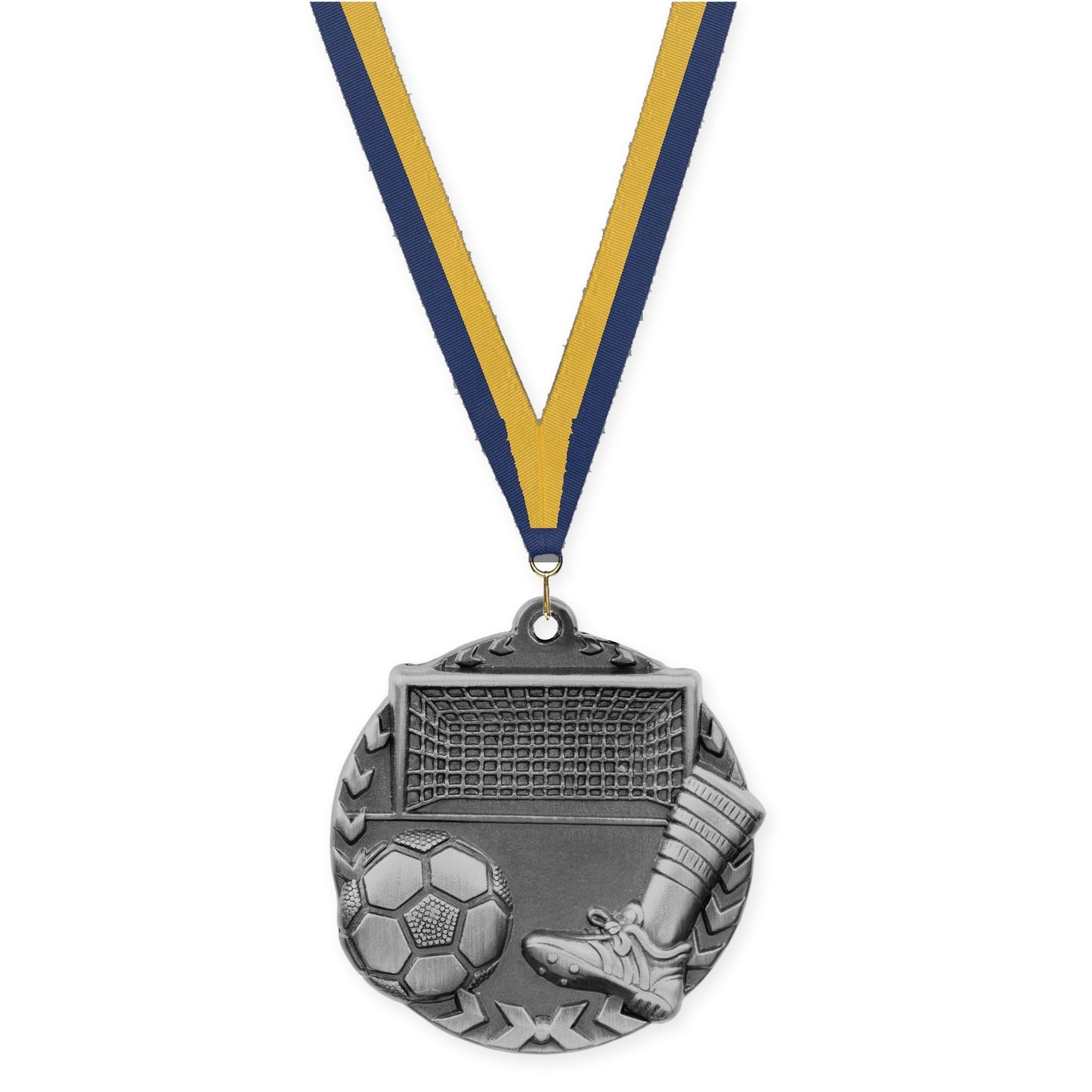 1 3/4 inch soccer Millennium medal in antique silver with Navy Gold neck ribbon