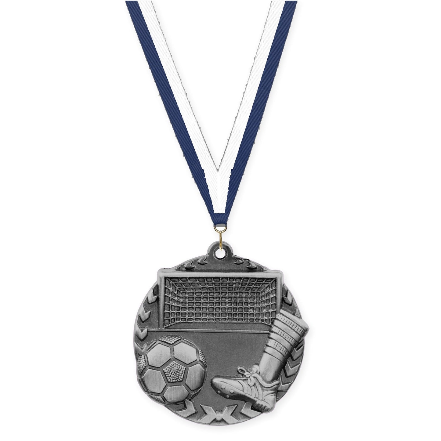 1 3/4 inch soccer Millennium medal in antique silver with Navy White neck ribbon
