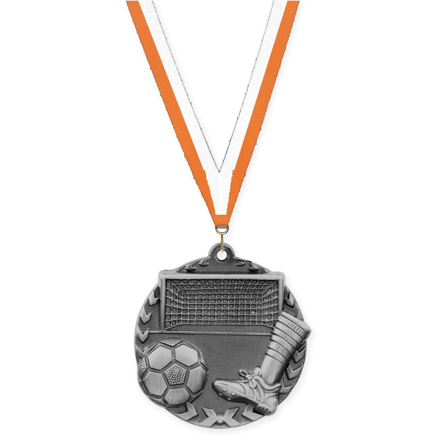 1 3/4 inch soccer Millennium medal in antique silver with Orange White neck ribbon