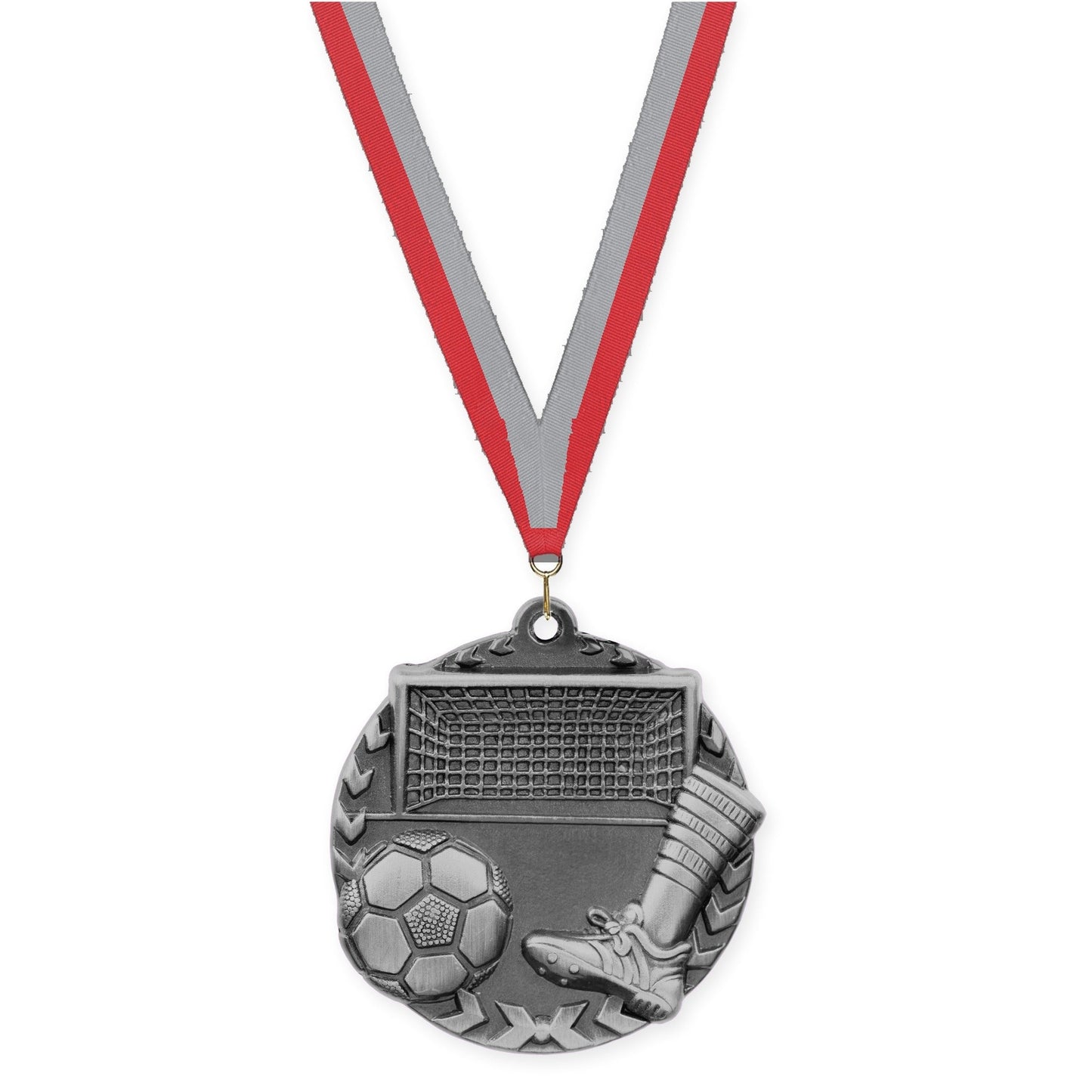 1 3/4 inch soccer Millennium medal in antique silver with Red Gray neck ribbon