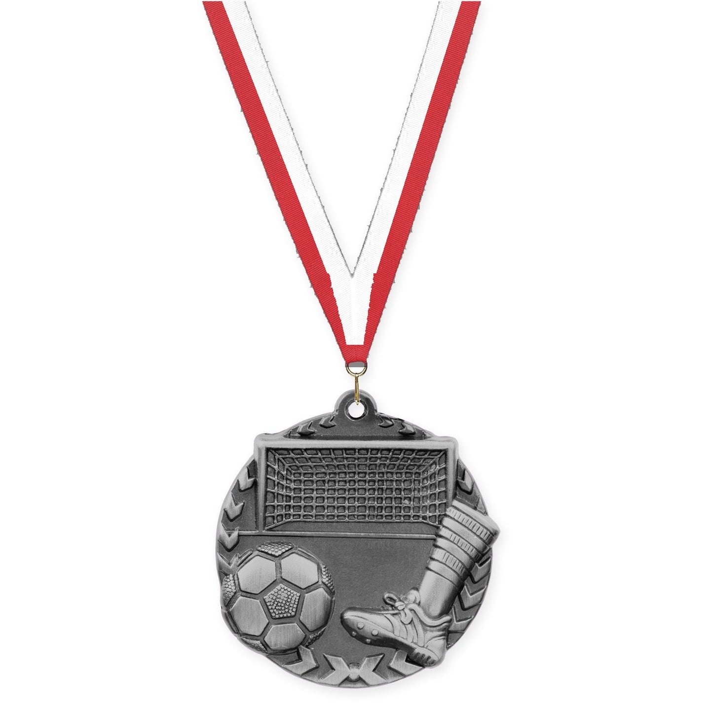 1 3/4 inch soccer Millennium medal in antique silver with Red White neck ribbon