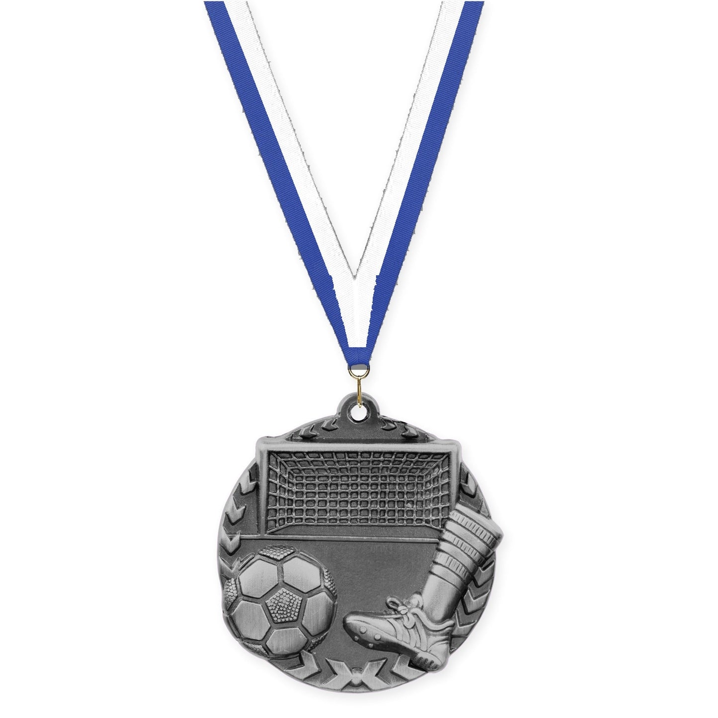 1 3/4 inch soccer Millennium medal in antique silver with Blue White neck ribbon
