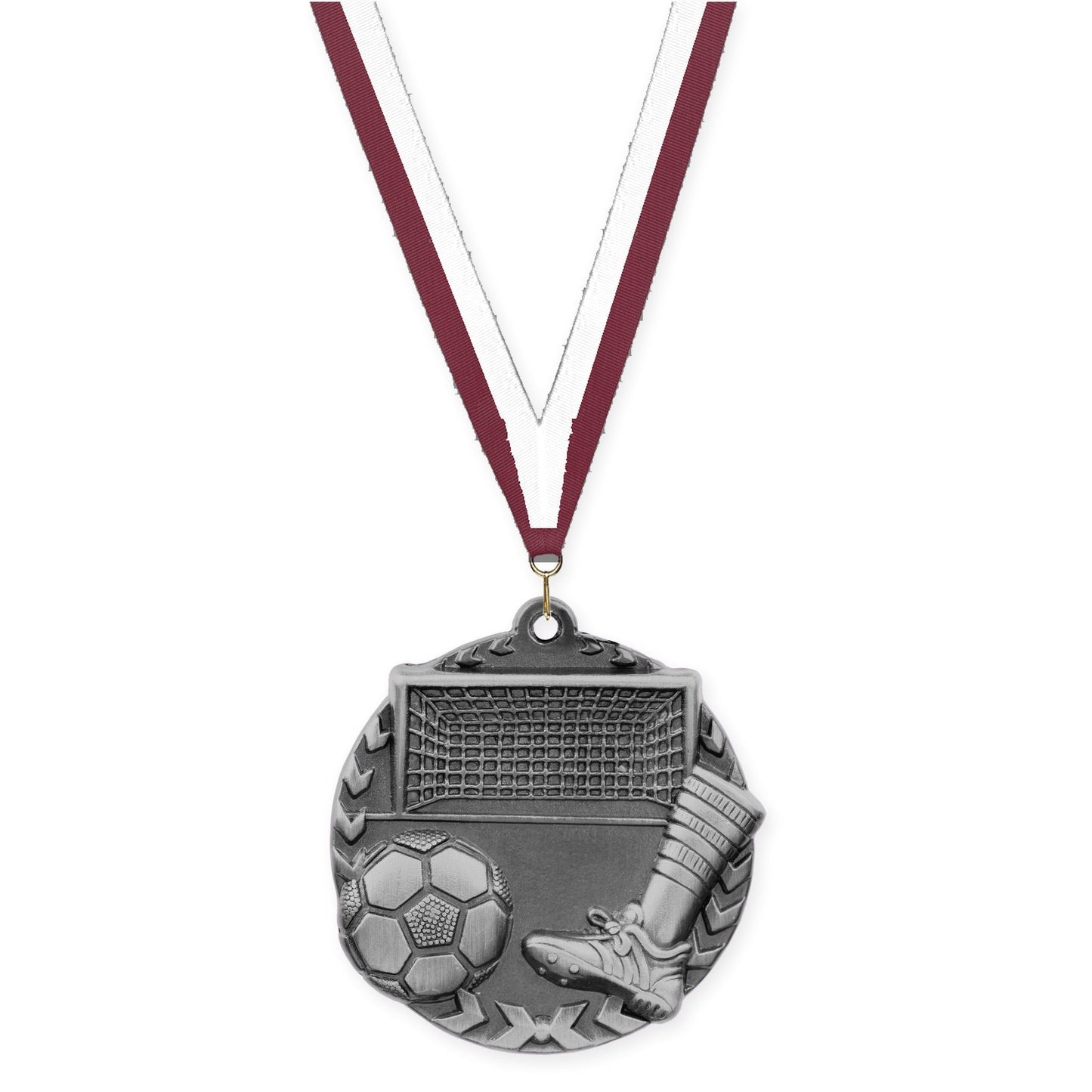 1 3/4 inch soccer Millennium medal in antique silver with Maroon White neck ribbon