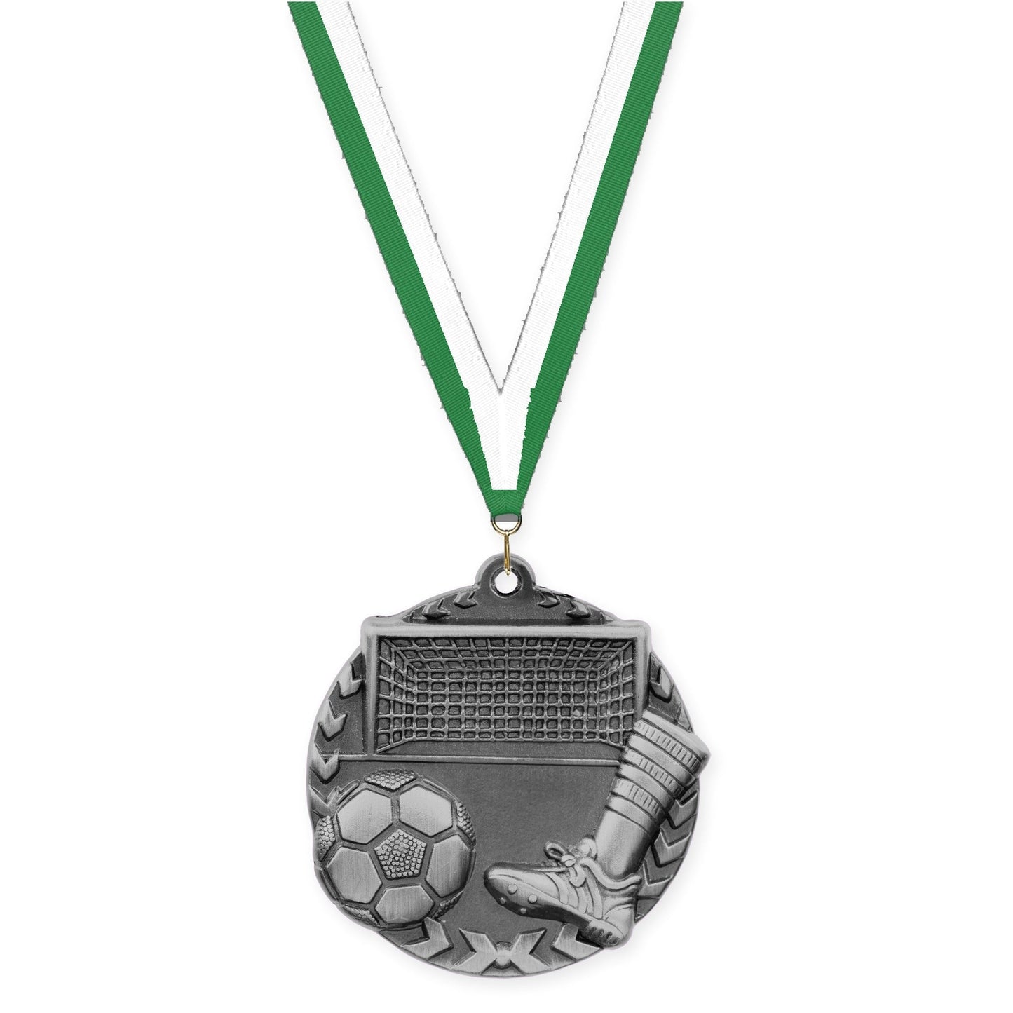 1 3/4 inch soccer Millennium medal in antique silver with Green White neck ribbon