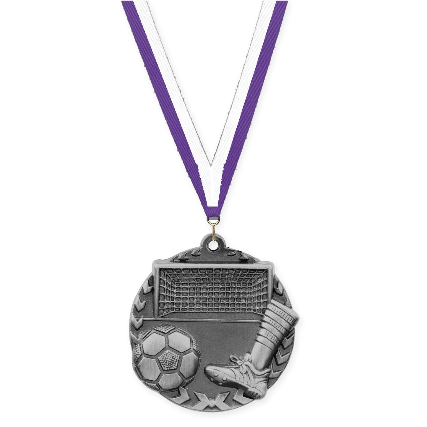 1 3/4 inch soccer Millennium medal in antique silver with Purple White neck ribbon