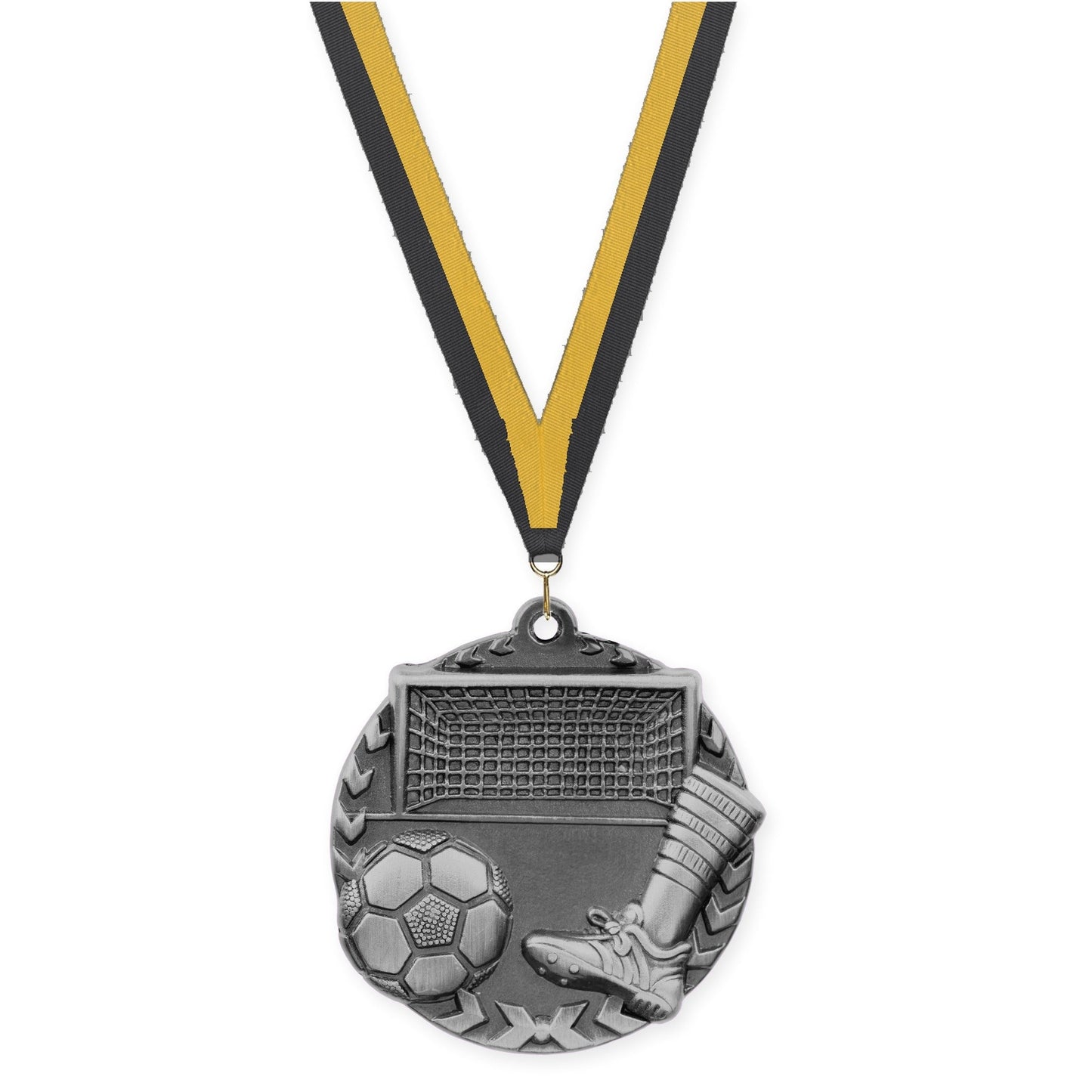 1 3/4 inch soccer Millennium medal in antique silver with Black Gold neck ribbon
