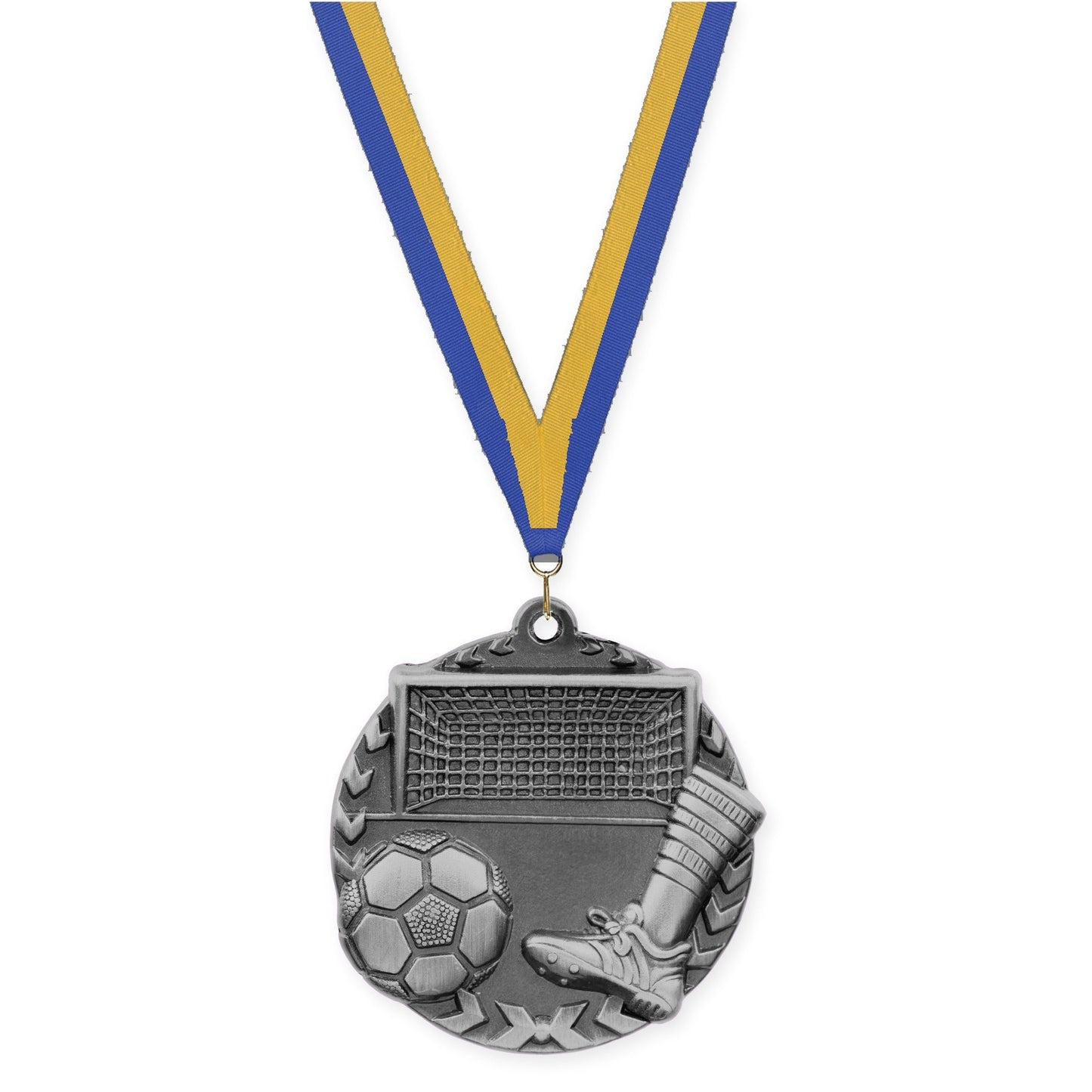 1 3/4 inch soccer Millennium medal in antique silver with Blue Gold neck ribbon